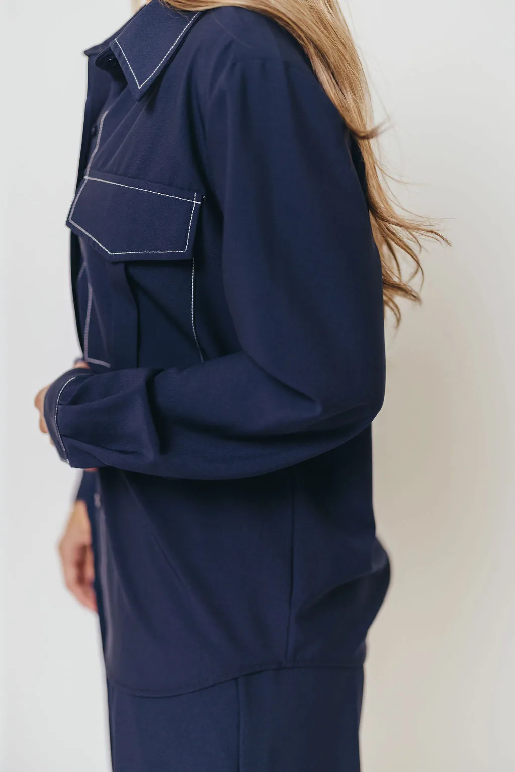 Seamless construction Judy Contrast Stitch Button Down Shirt in Midnight Blue