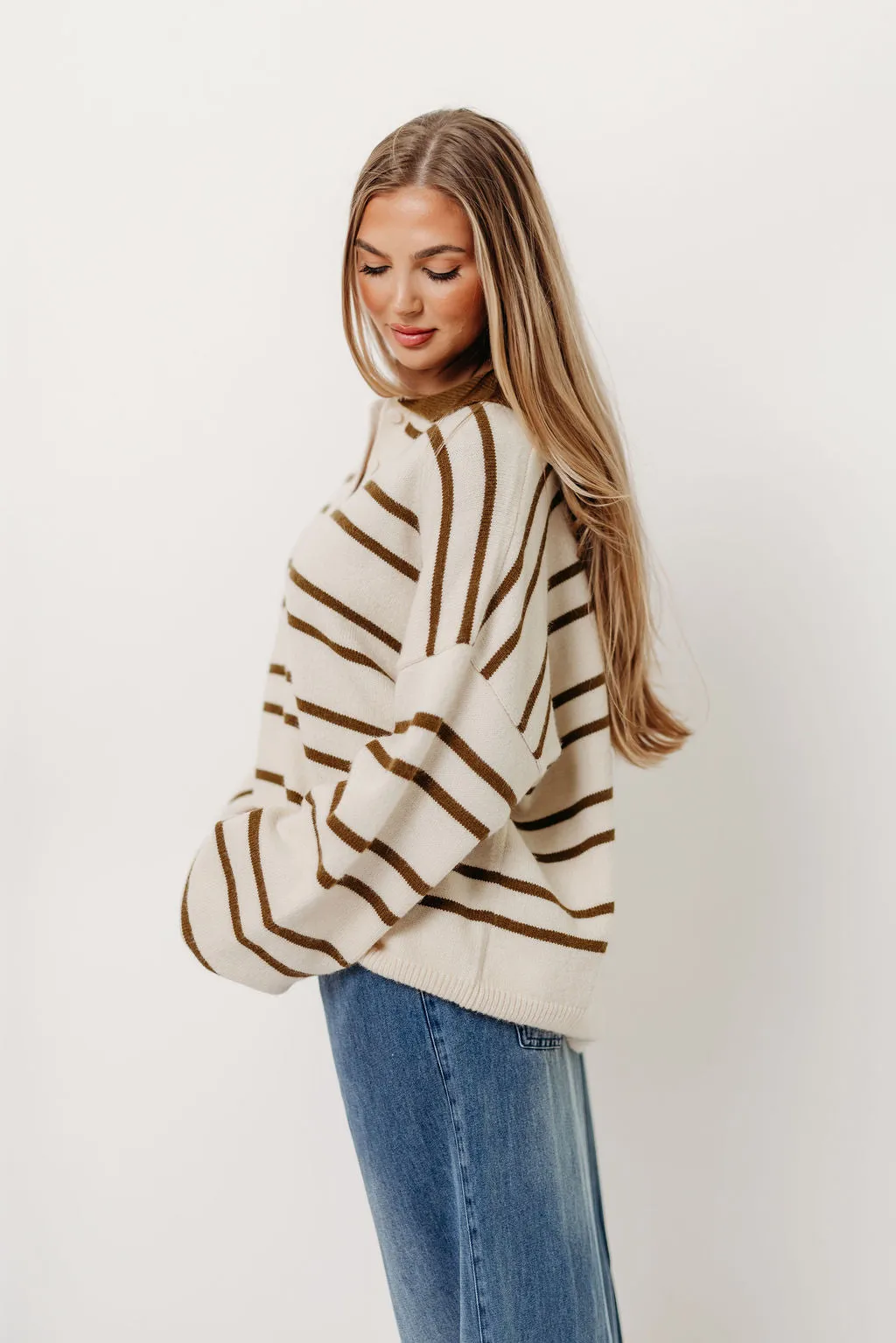 Brushed Inner Lining Modern Silhouette Juno Collared Sweater in Ivory Olive Stripe