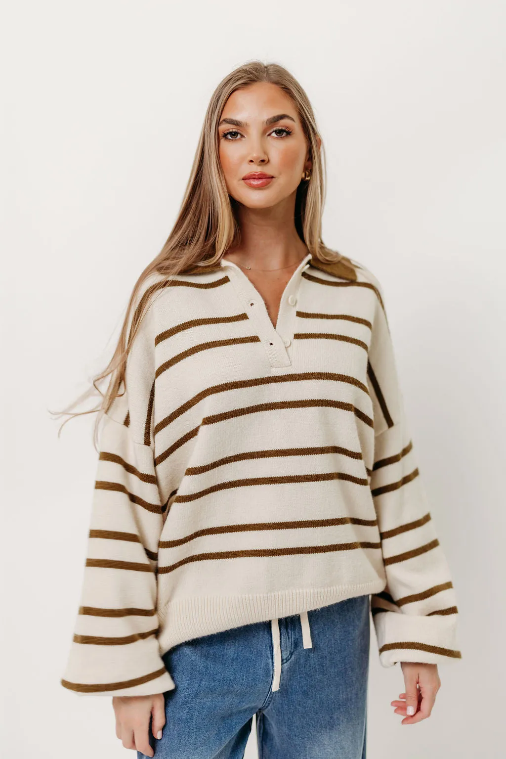 Lightweight texture Skin Friendly Stitch Juno Collared Sweater in Ivory Olive Stripe