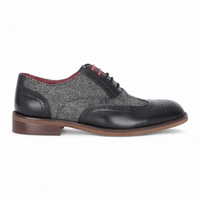 Justin Reess Men's Black Leather Tweed Brogue Shoes - Albert Business Minded