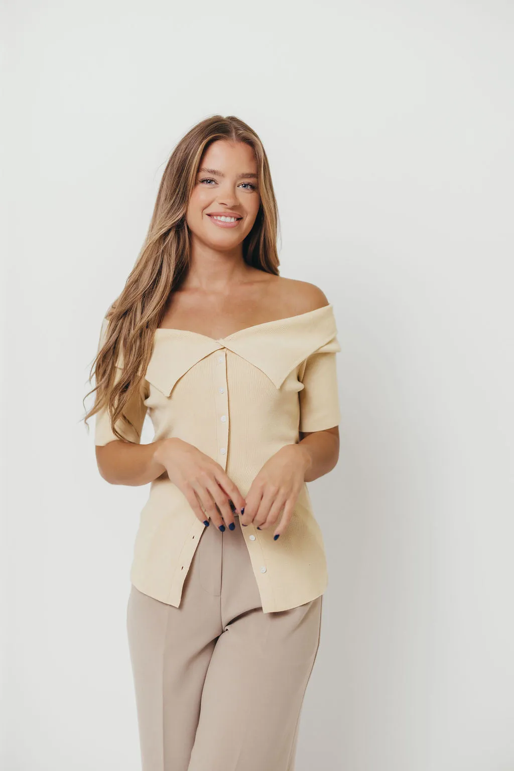 Plush Texture Classic Layer Karina Off-Shoulder Knit Top in Custard