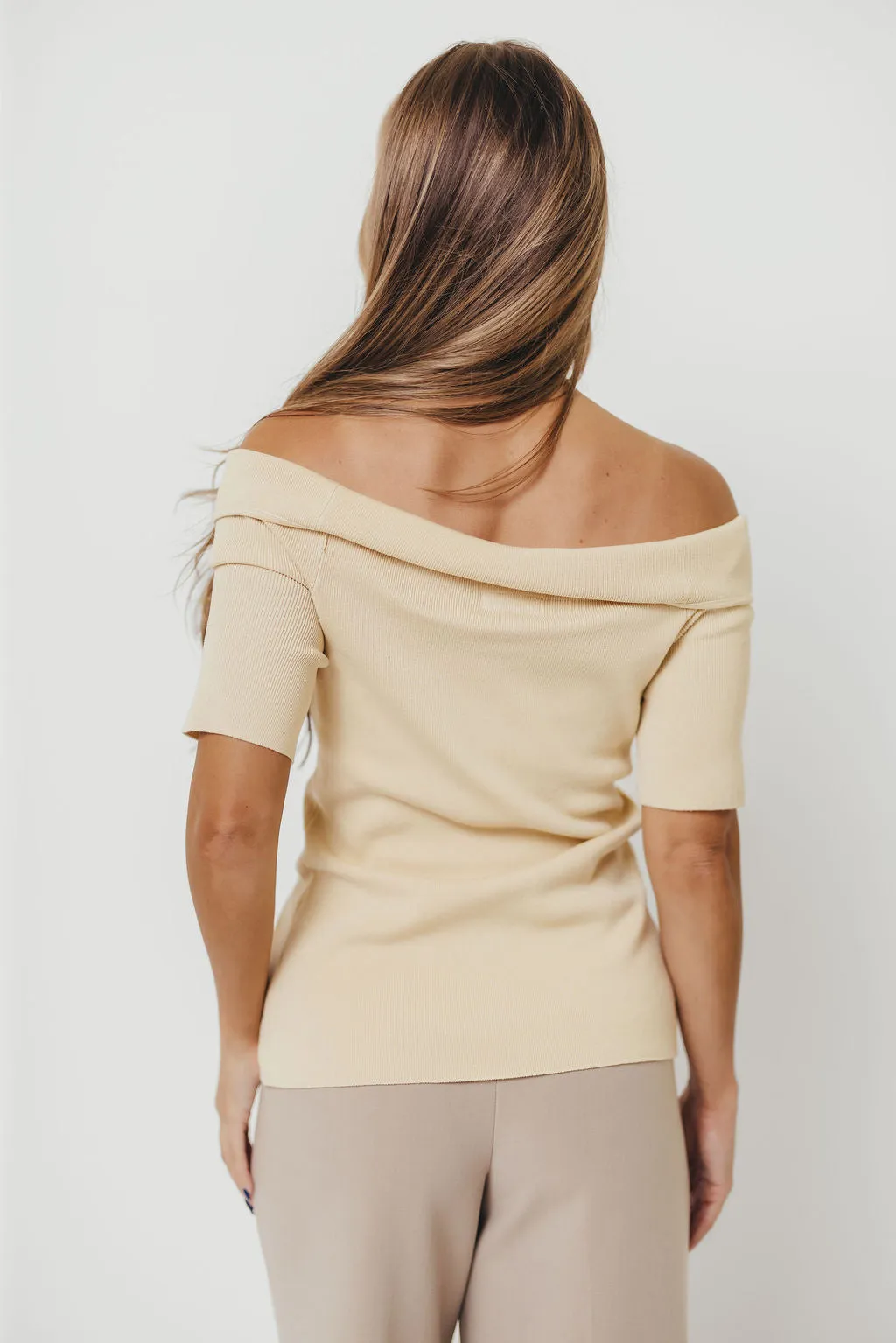 Karina Off-Shoulder Knit Top in Custard Colorfast Dyed Knit Sustainable Dye Process