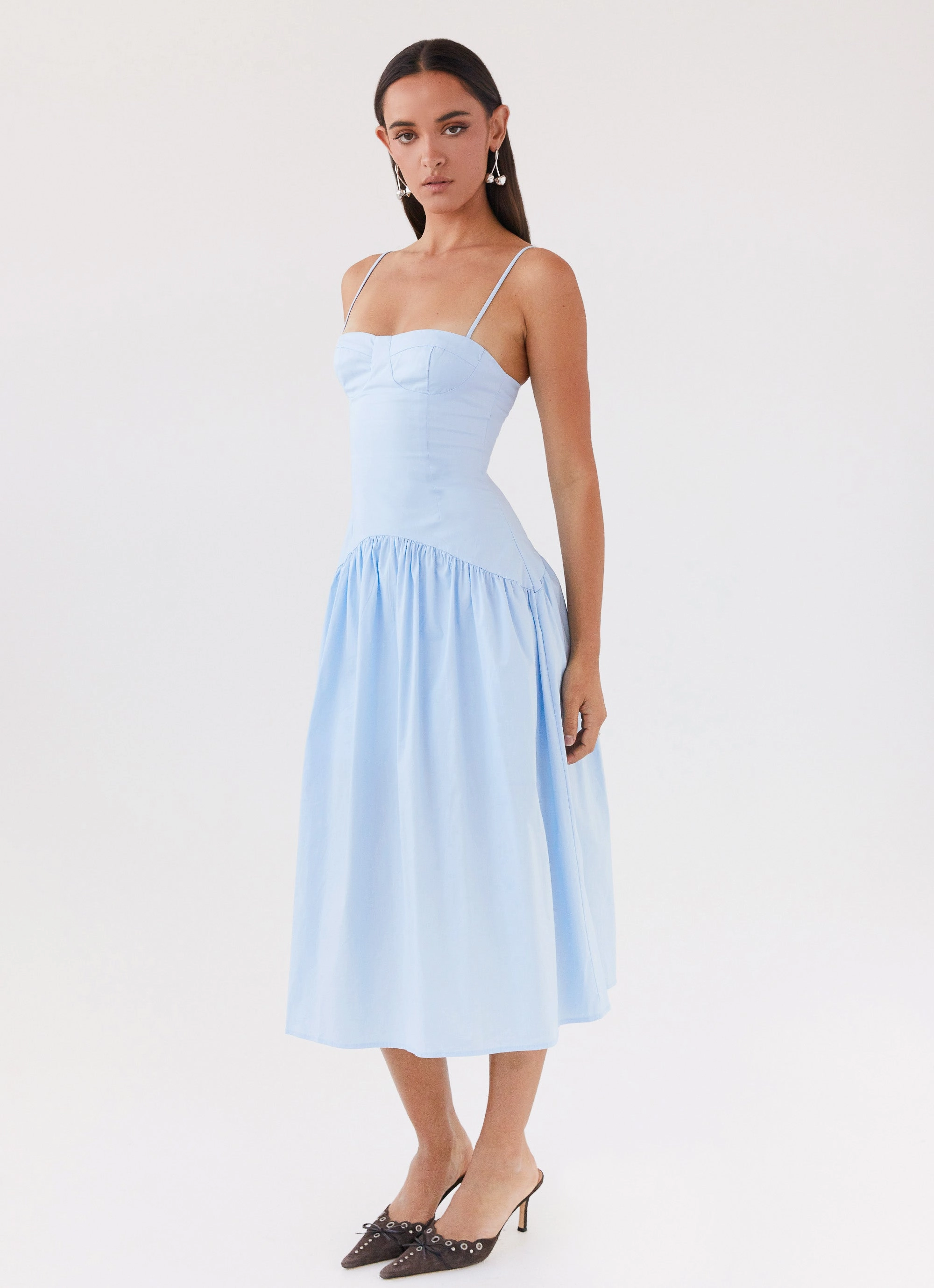 Yvette Corset Midi Dress - Blue Minimal Design Subtle Lines