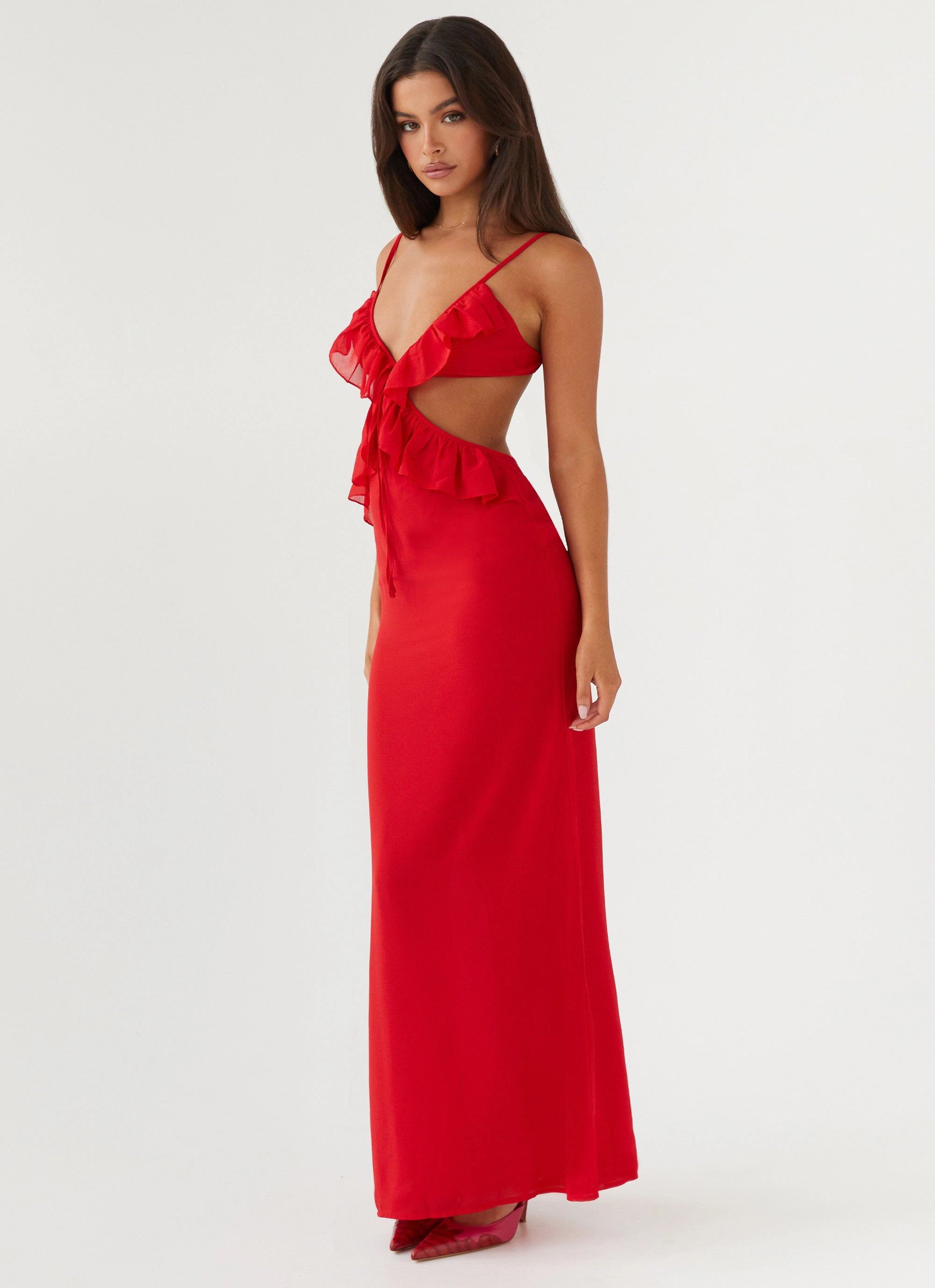 Klara Cut Out Maxi Dress - Red Formal dinner wear V-Neck