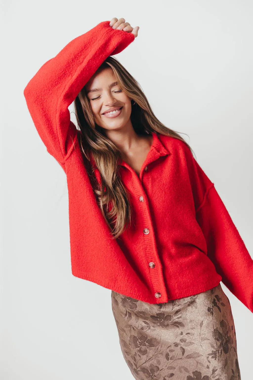 Bold Simplicity Layered Texture Kyla Cardigan Sweater in Poppy