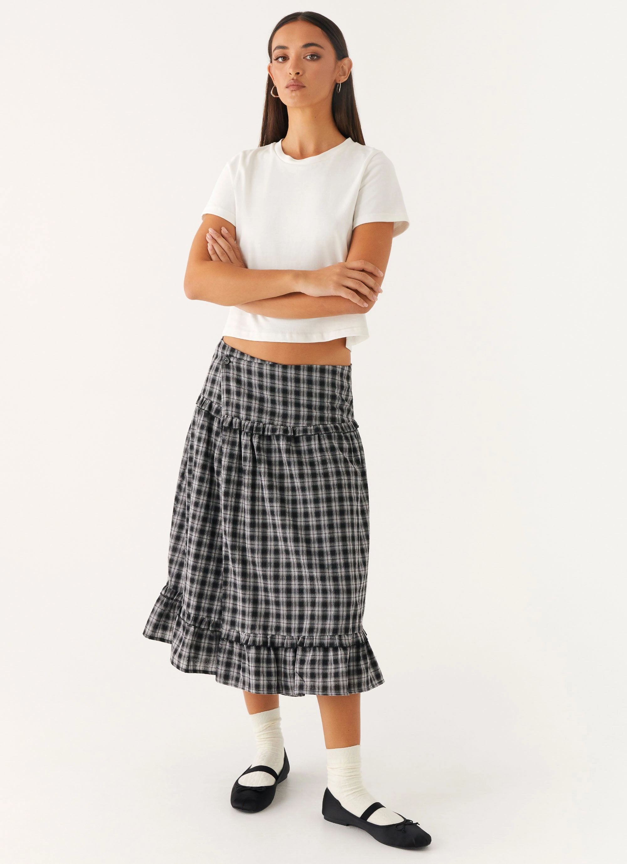 Sharp Style Laura Midi Skirt - White Black Check