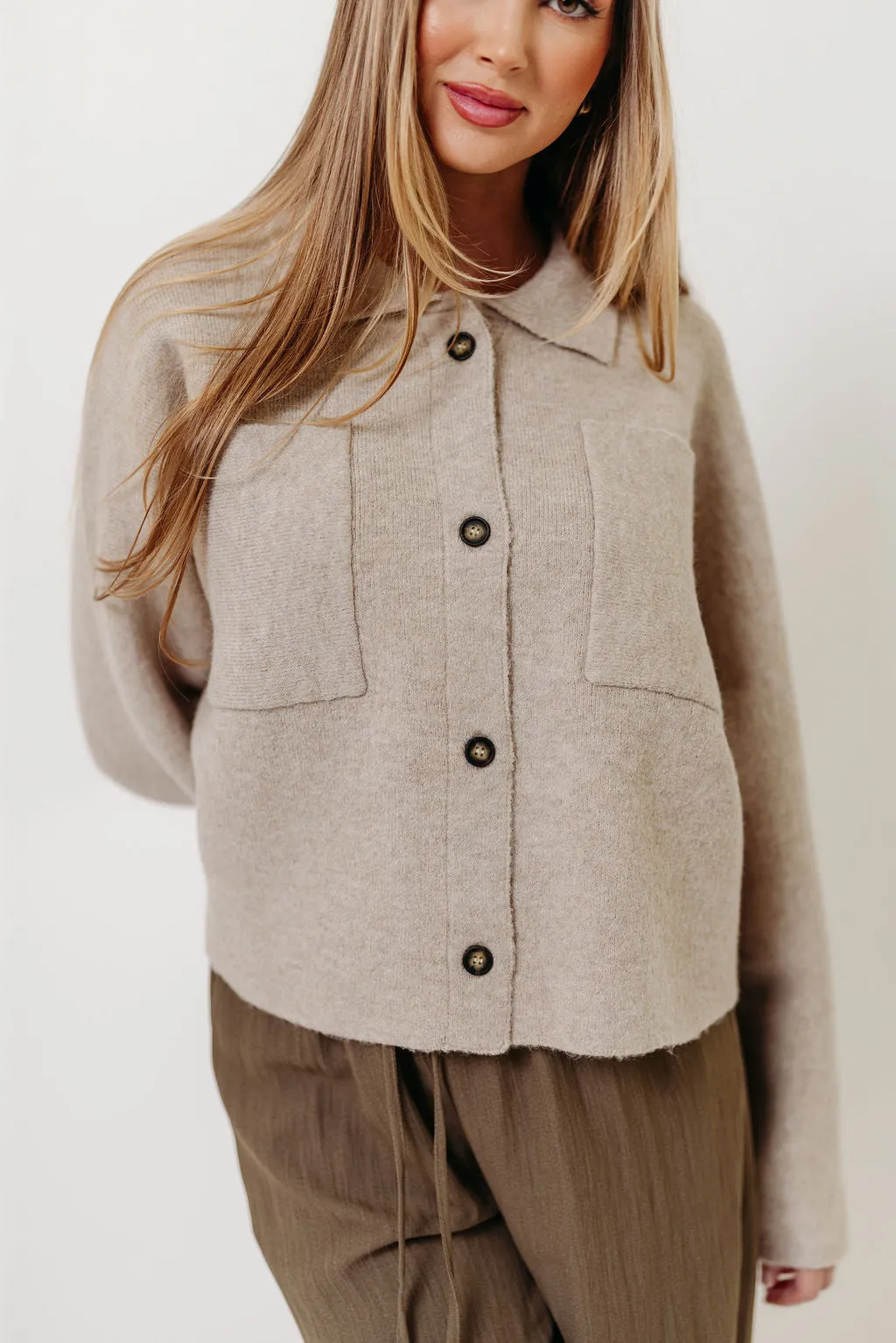 Winter Outfit Plush Texture Monica Collared Button-Down Sweater in Papyrus