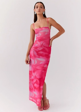 Life In Pink Maxi Dress - Abstract Bloom Zip-Closure Polite Color