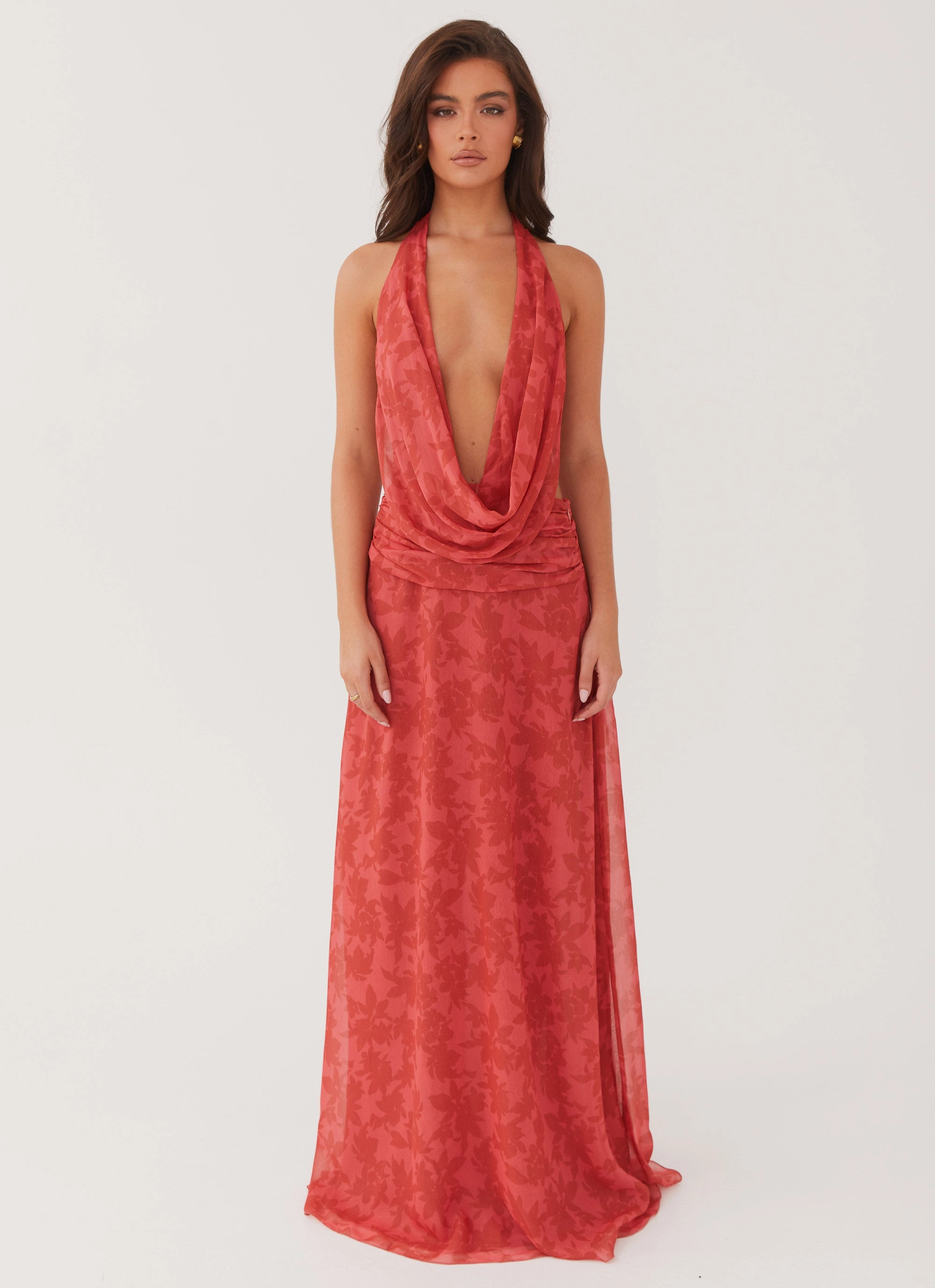 Breathable Feel Cozy Fit Elysia Chiffon Maxi Dress - Red Dahlia