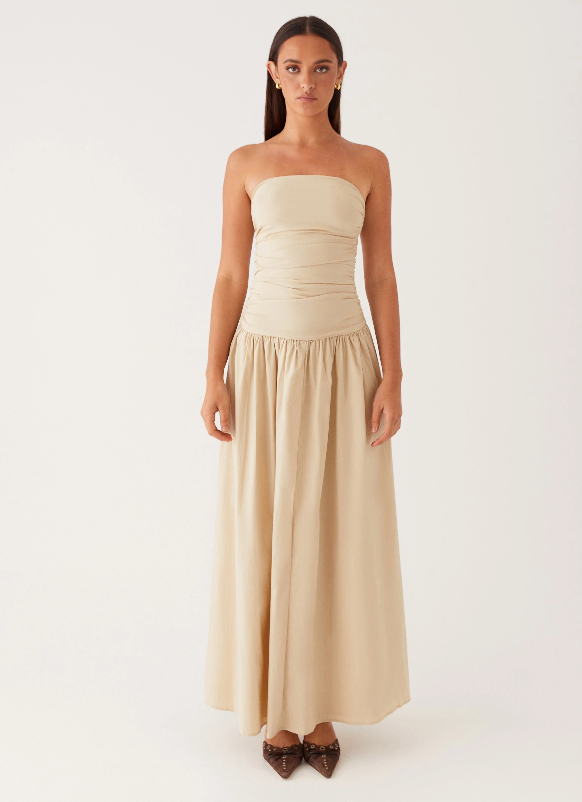 Carmel Maxi Dress - Ivory Smart Tones Feminine empire waist dress