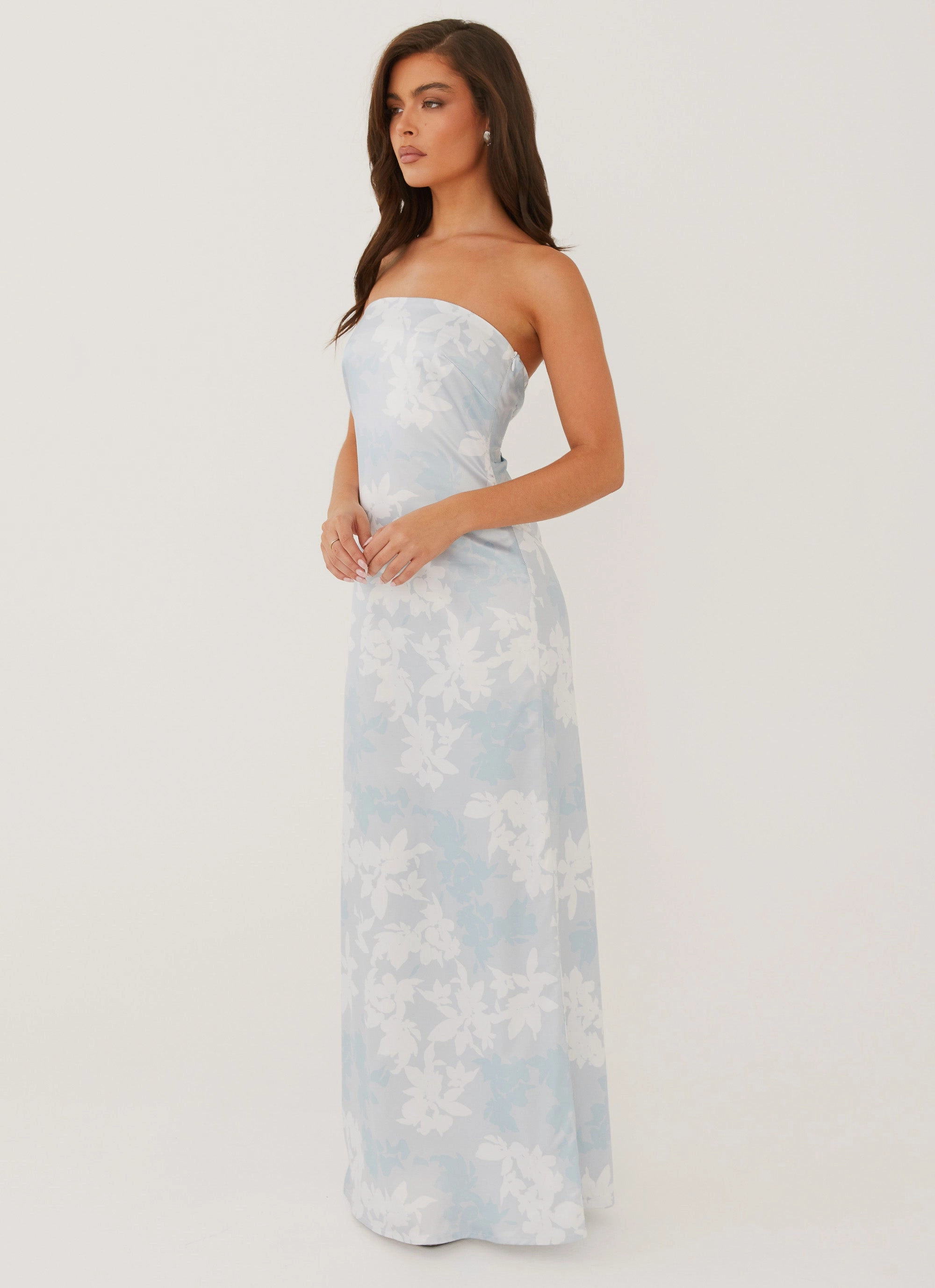 Love Me More Maxi Dress - Blue Blossom Asymmetrical hem