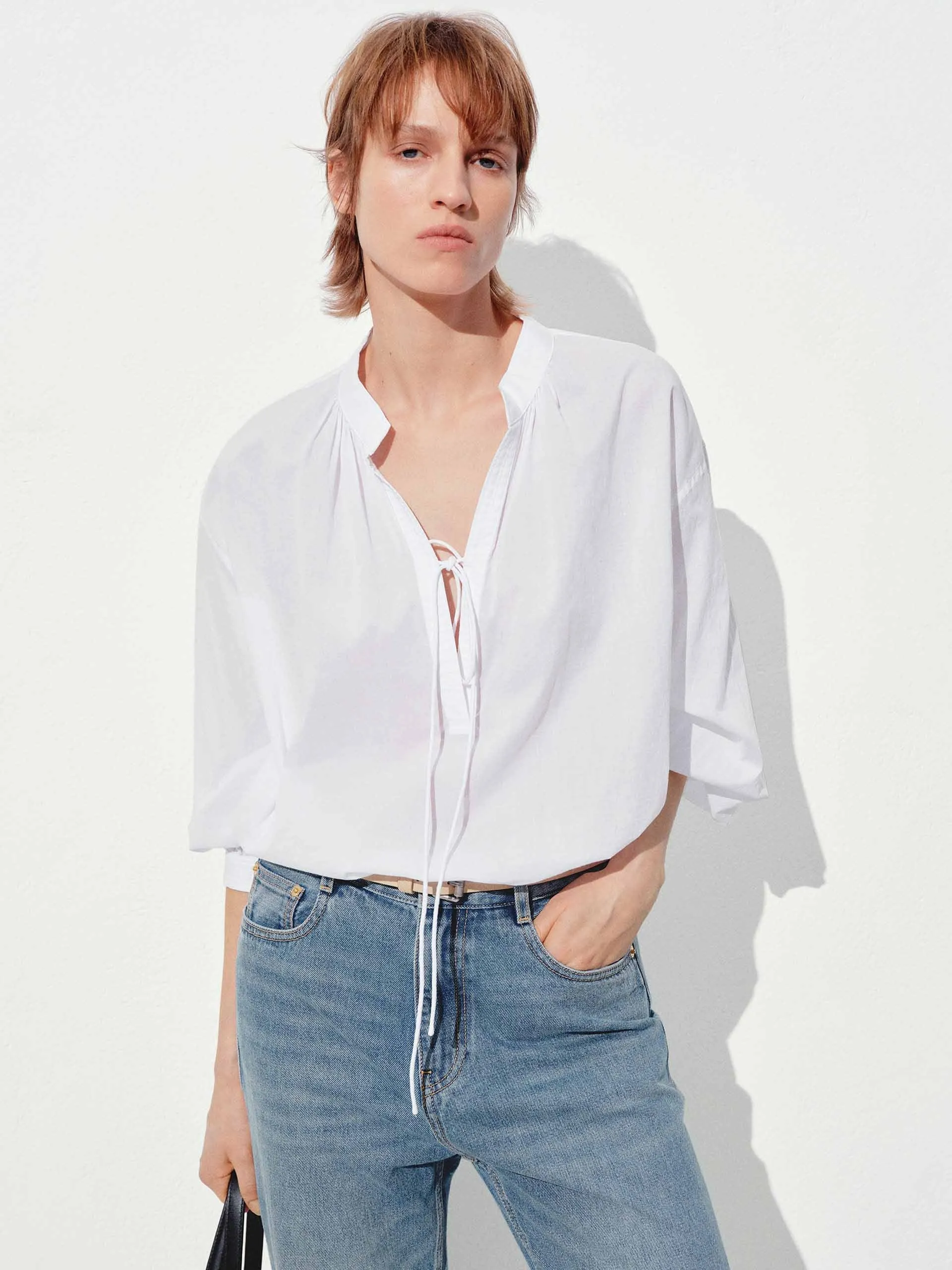 Split hem Durable Stitching Long Sleeves Tie Blouse