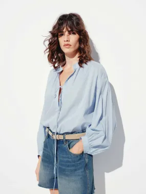 Long Sleeves Tie Blouse Chambray Fabric Static Dissipating Fiber