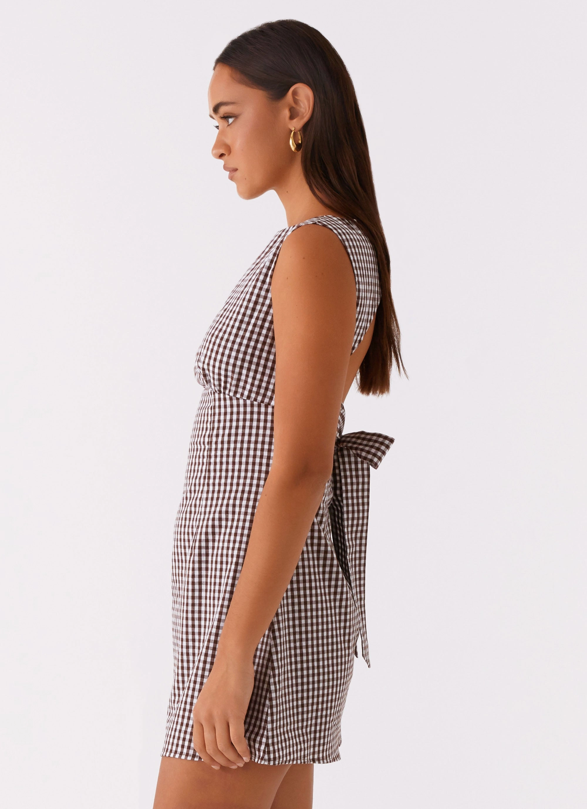 Lotus Tie Back Mini Dress - Chocolate Gingham Day Glow Shine Soft