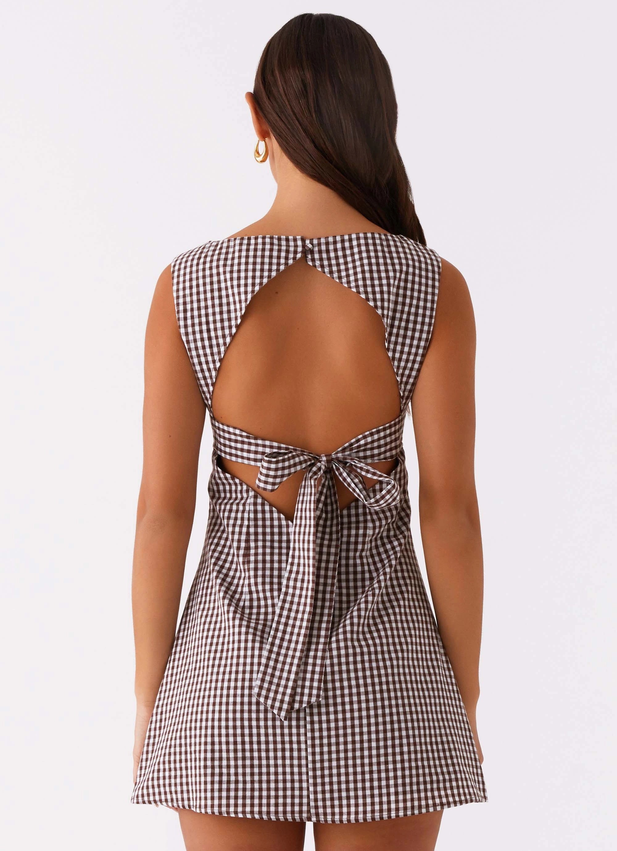 Dreamy Simplicity Luxurious Feel Lotus Tie Back Mini Dress - Chocolate Gingham