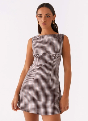 Lotus Tie Back Mini Dress - Chocolate Gingham Transitional-Wear Day Ready