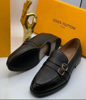 Louis Vuitton Black Double Buckle Leather Men Shoes Trendy Appeal