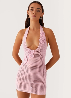 Luciana Crochet Halterneck Mini Dress - Pink Fashionable Look