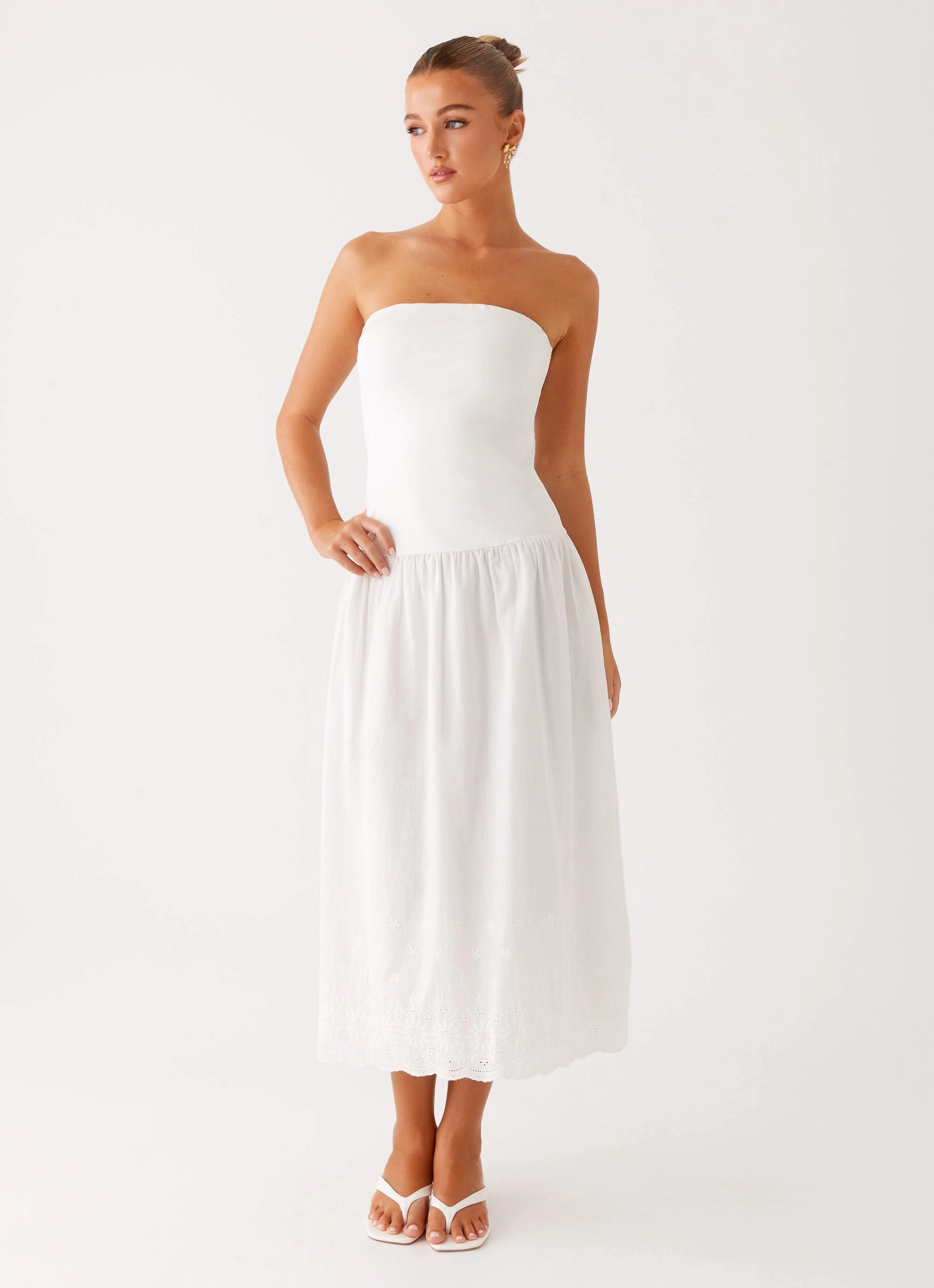 Cherry Skies Midi Dress - White Smooth silhouette Flattering Shape Wear