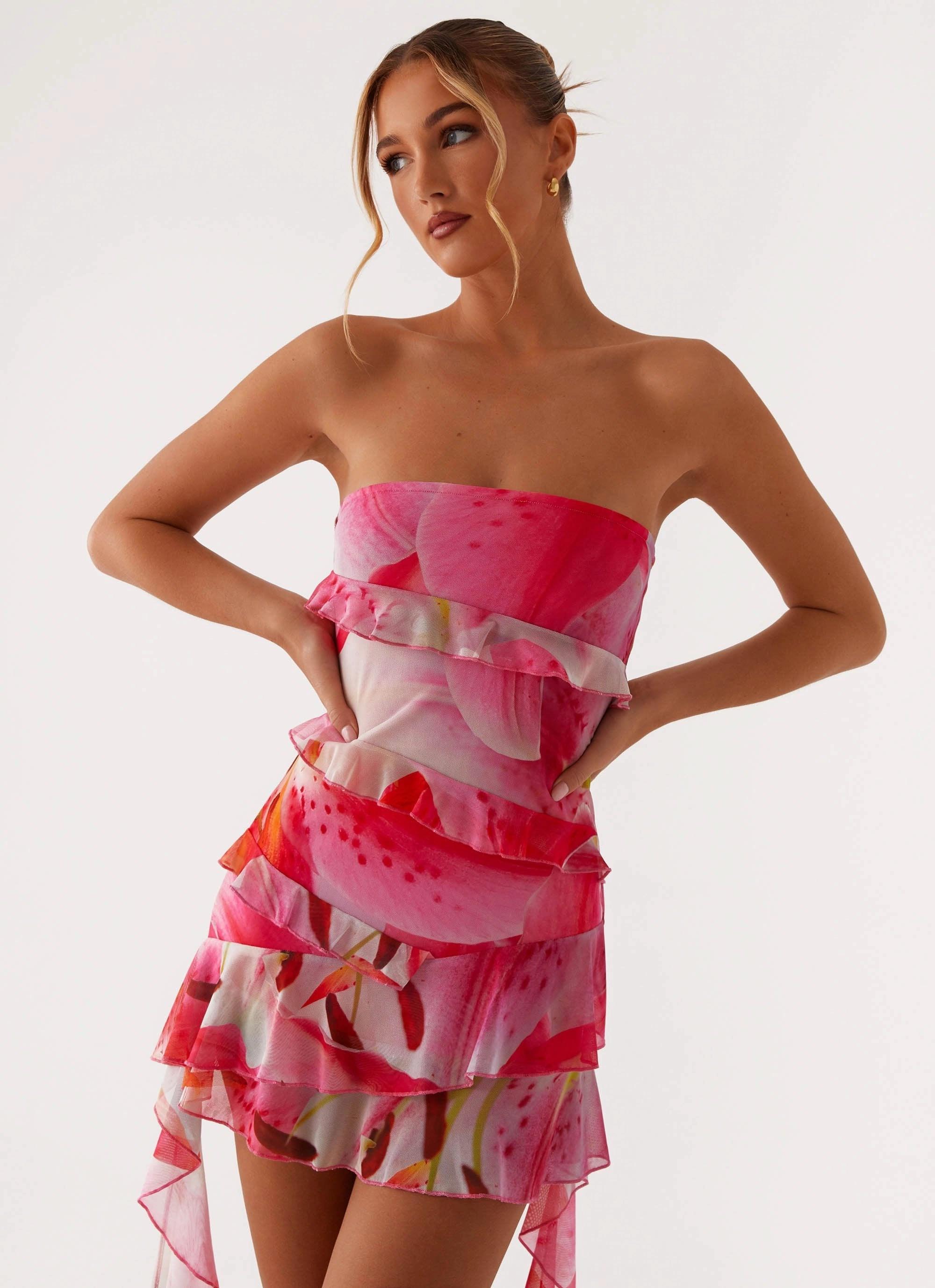 Gemstone-Detail Smooth Texture Macey Mini Dress - White Pink Lilly