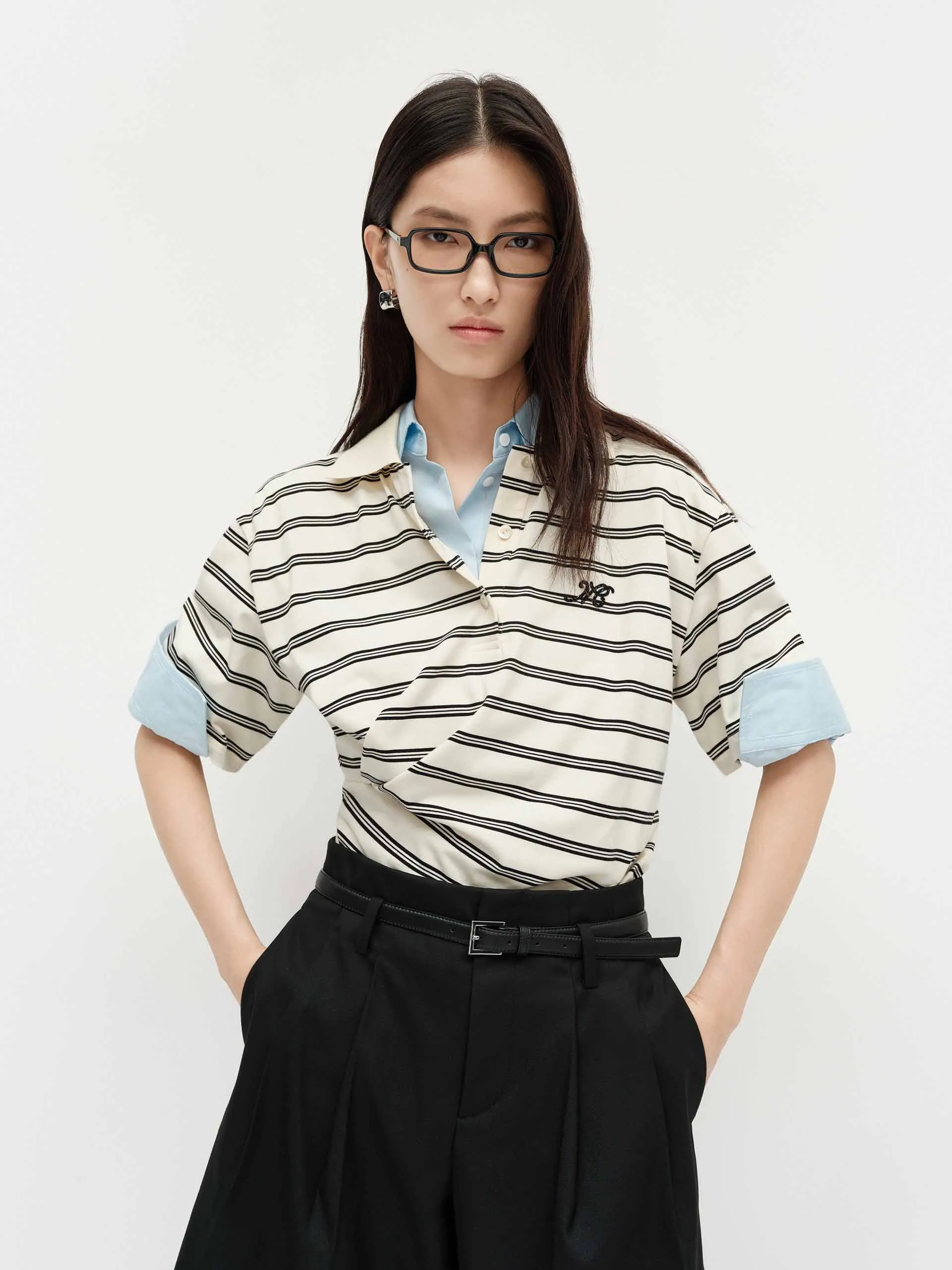 adult clothing Polo Collar Striped Top