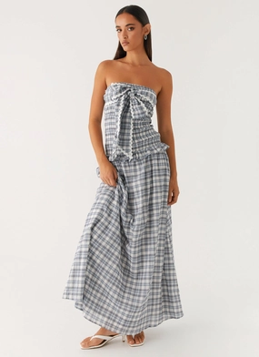 Malia Shirred Maxi Dress - Blue Grey Check Casual and Comfy