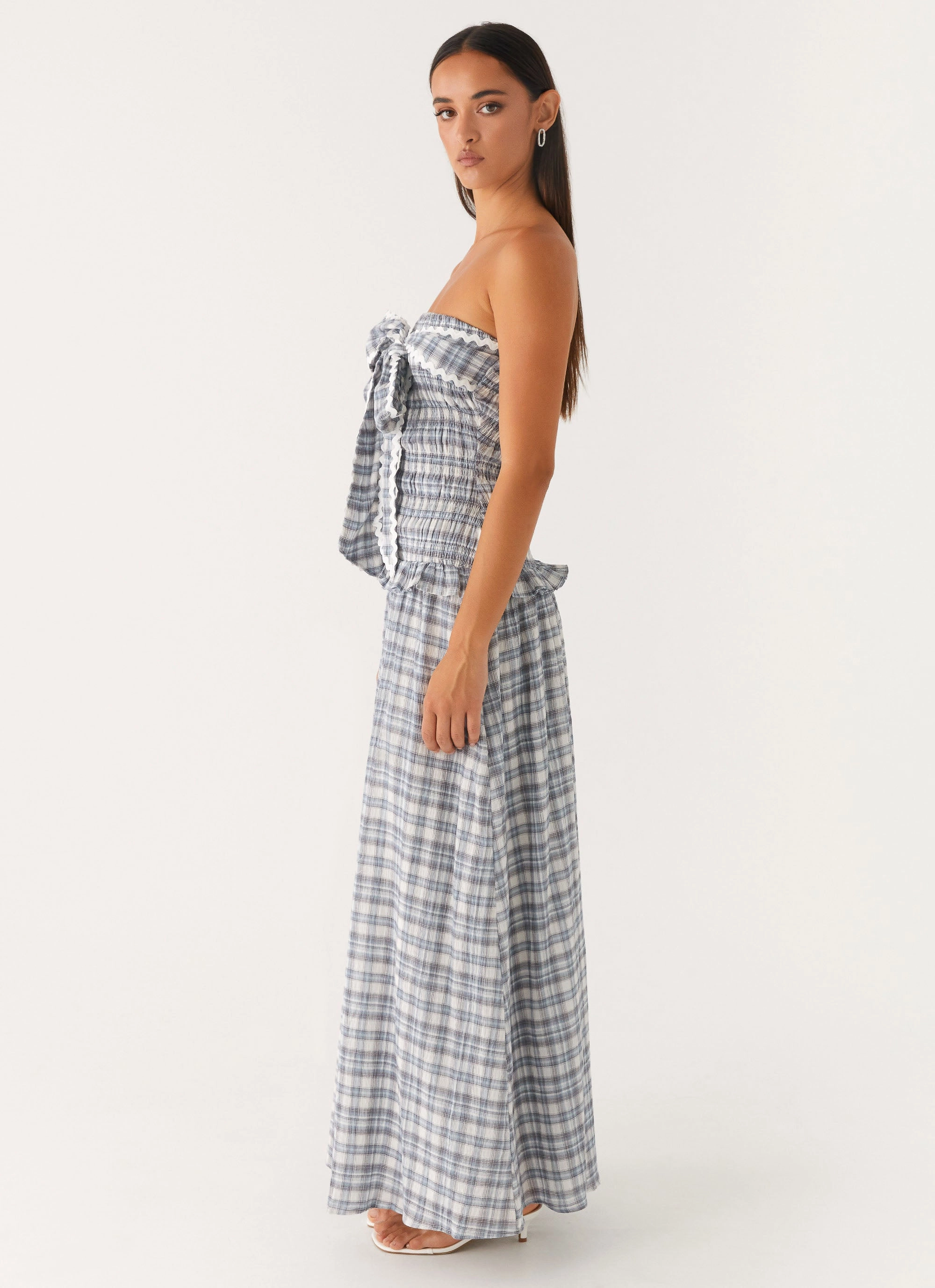 Smooth Tone Malia Shirred Maxi Dress - Blue Grey Check