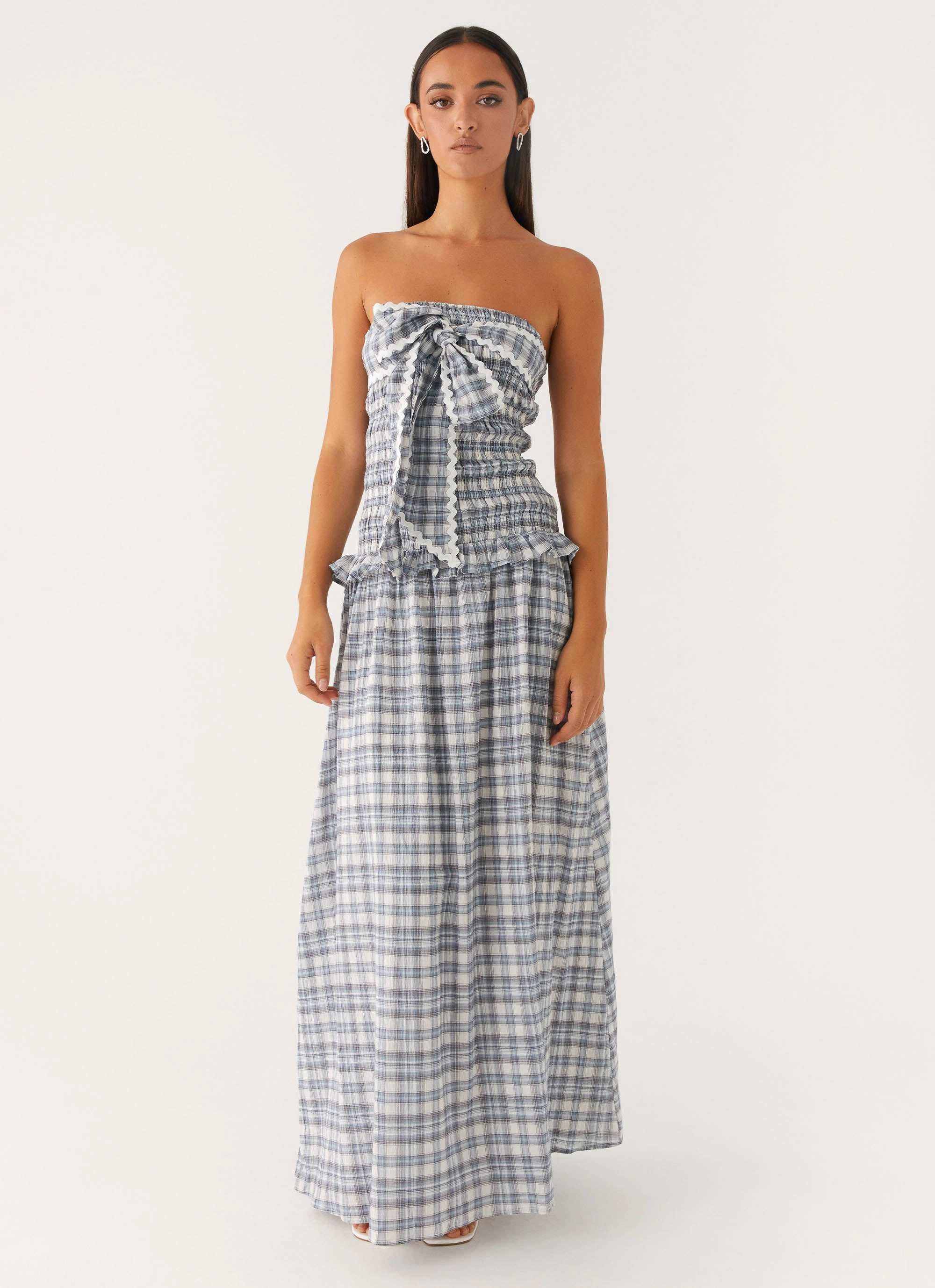 Malia Shirred Maxi Dress - Blue Grey Check Shared Glow Retro Mood