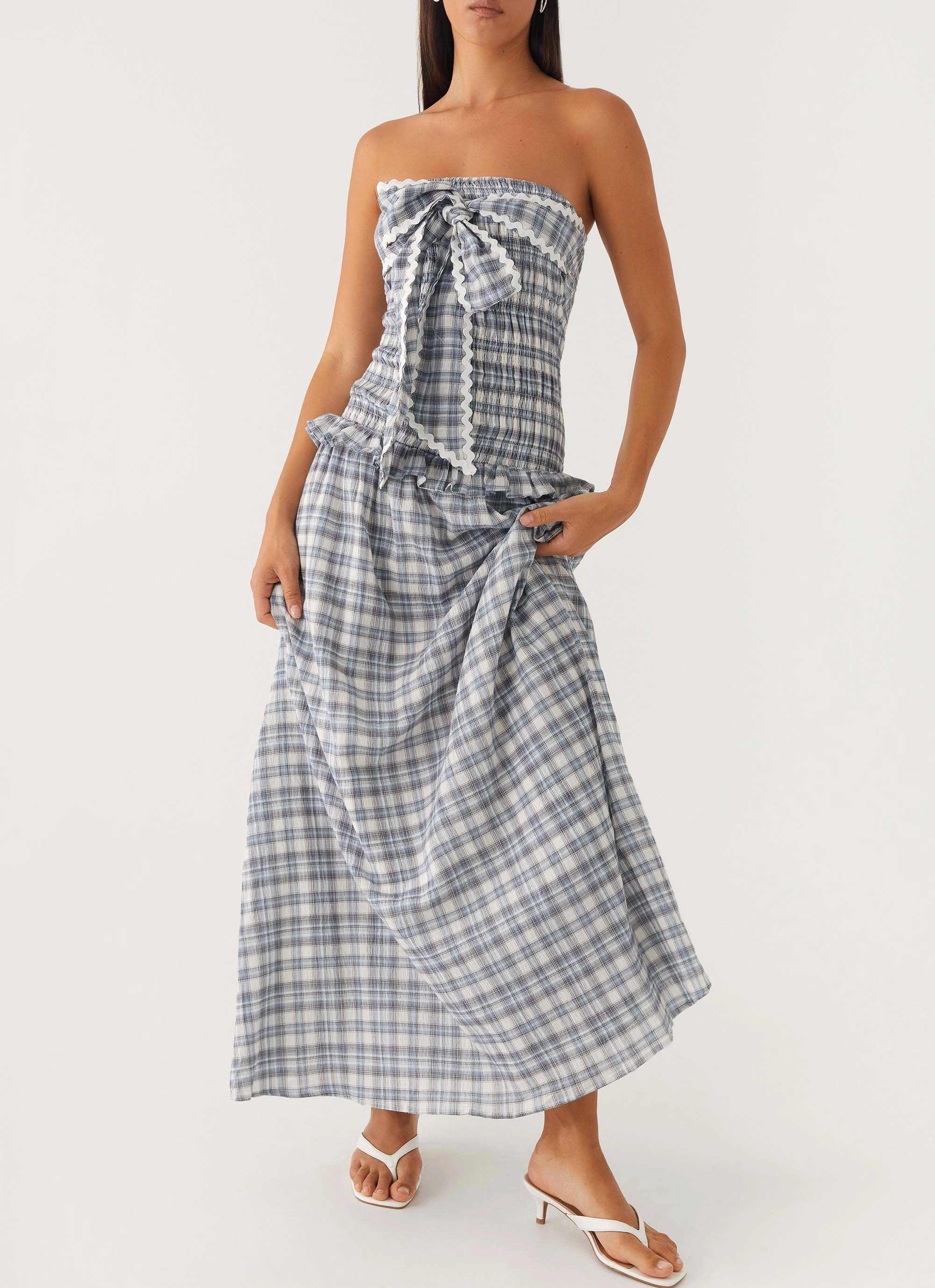 Dark Tones Structured-Shape Malia Shirred Maxi Dress - Blue Grey Check
