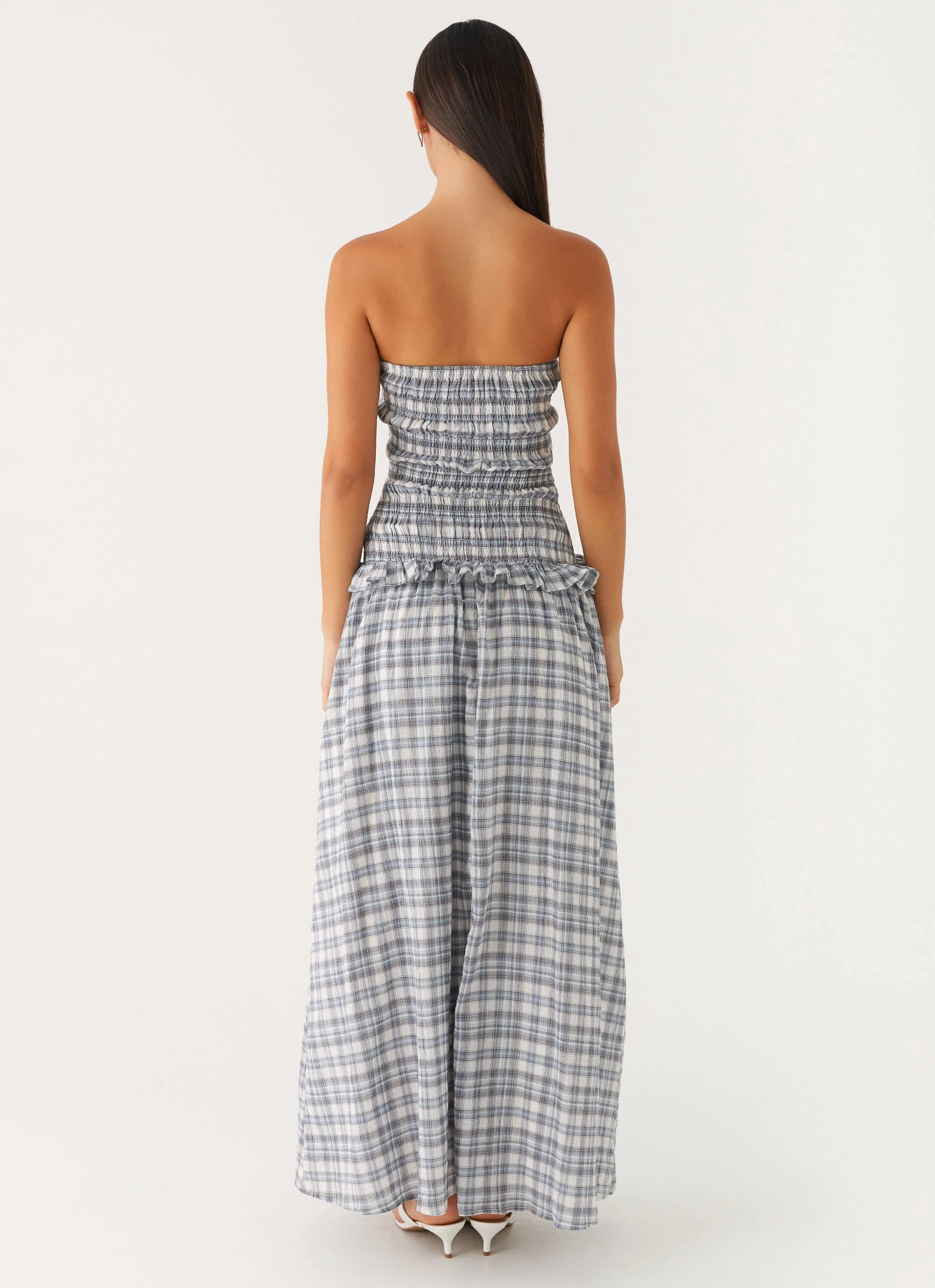 Farm Air Malia Shirred Maxi Dress - Blue Grey Check
