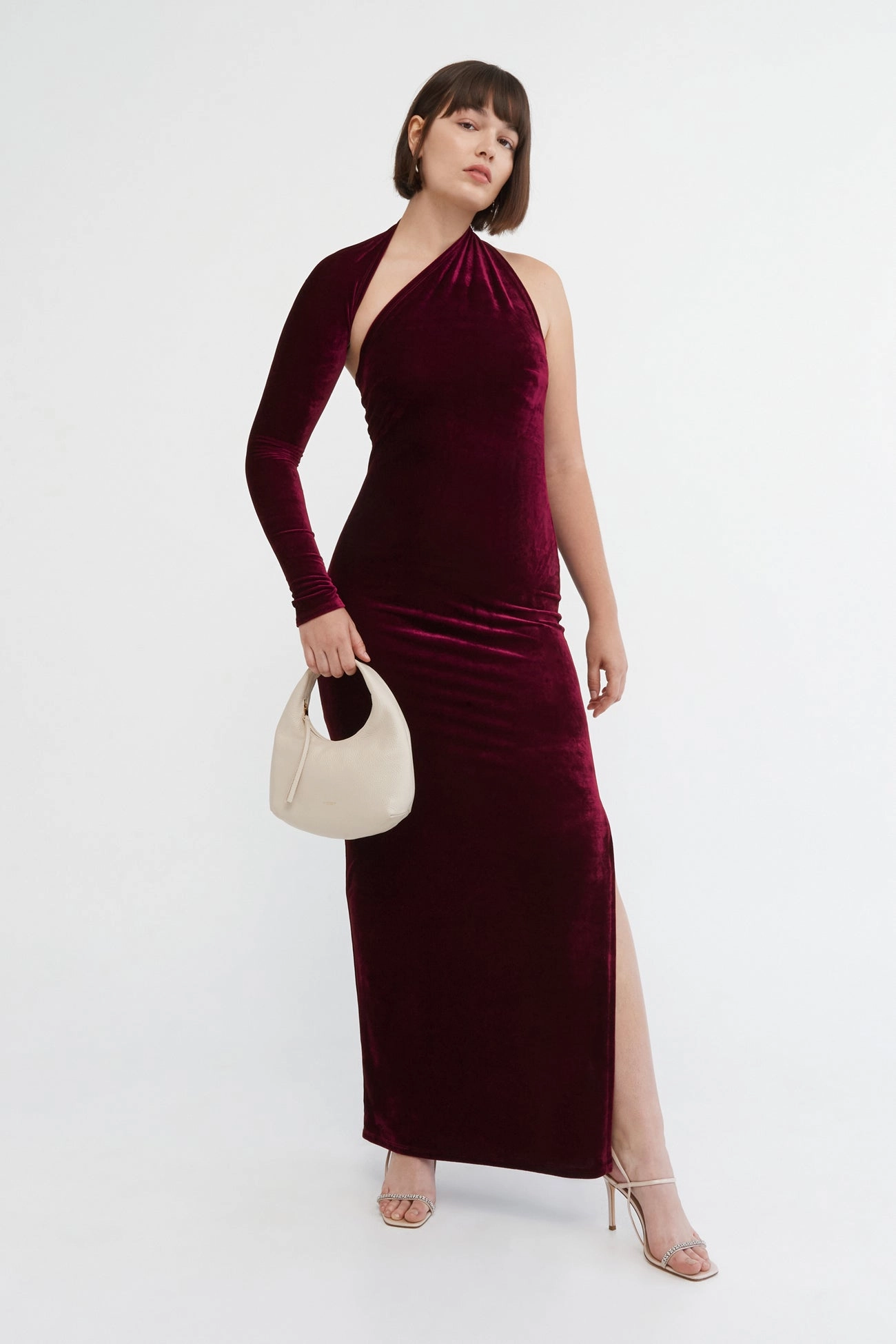 Floor-Length Feather Light Manhattan Velvet Slit Gown