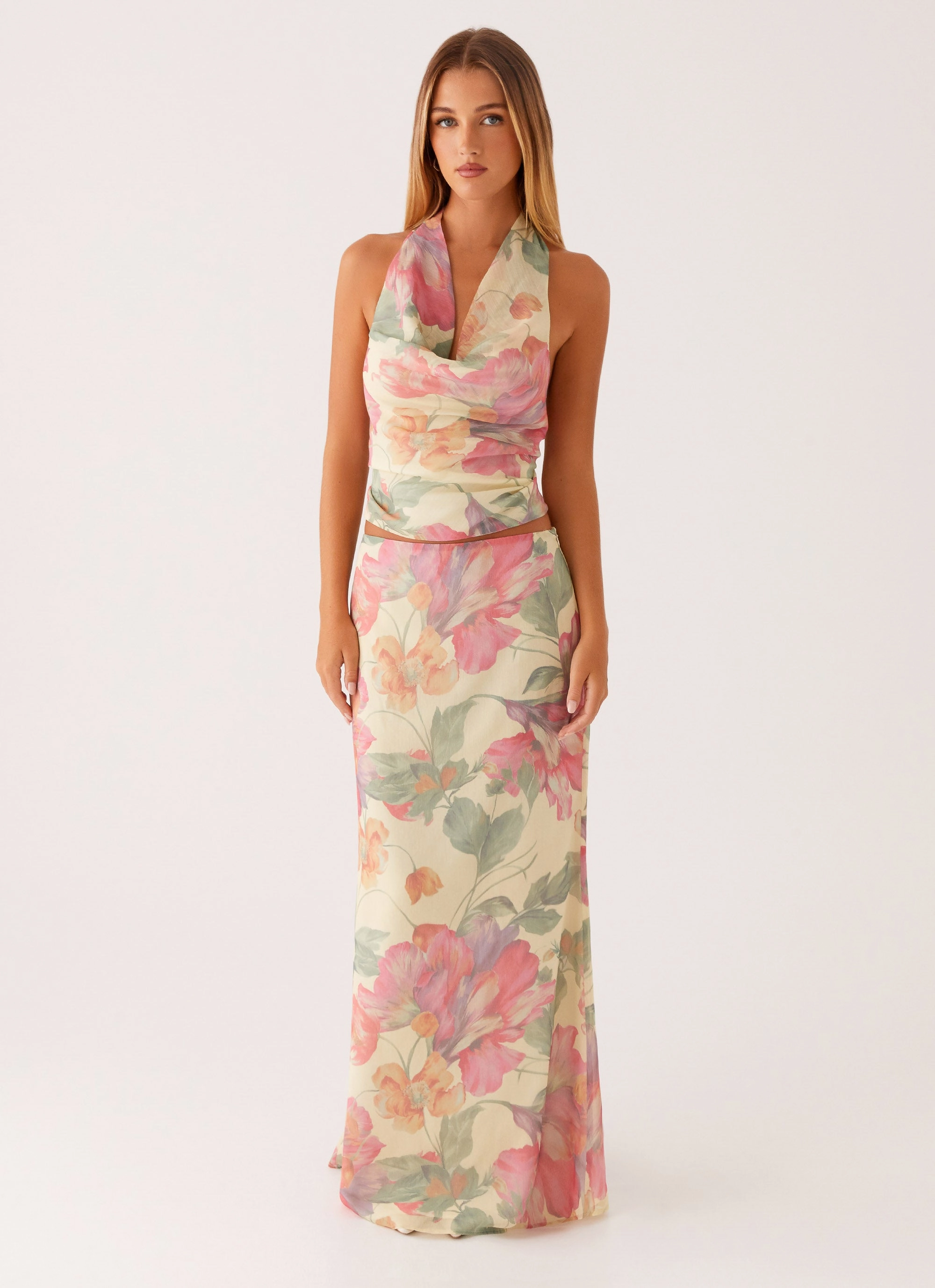 Soulful Low Rise Maxi Skirt - Yellow Peony Romantic dinner wear Breathable fabric