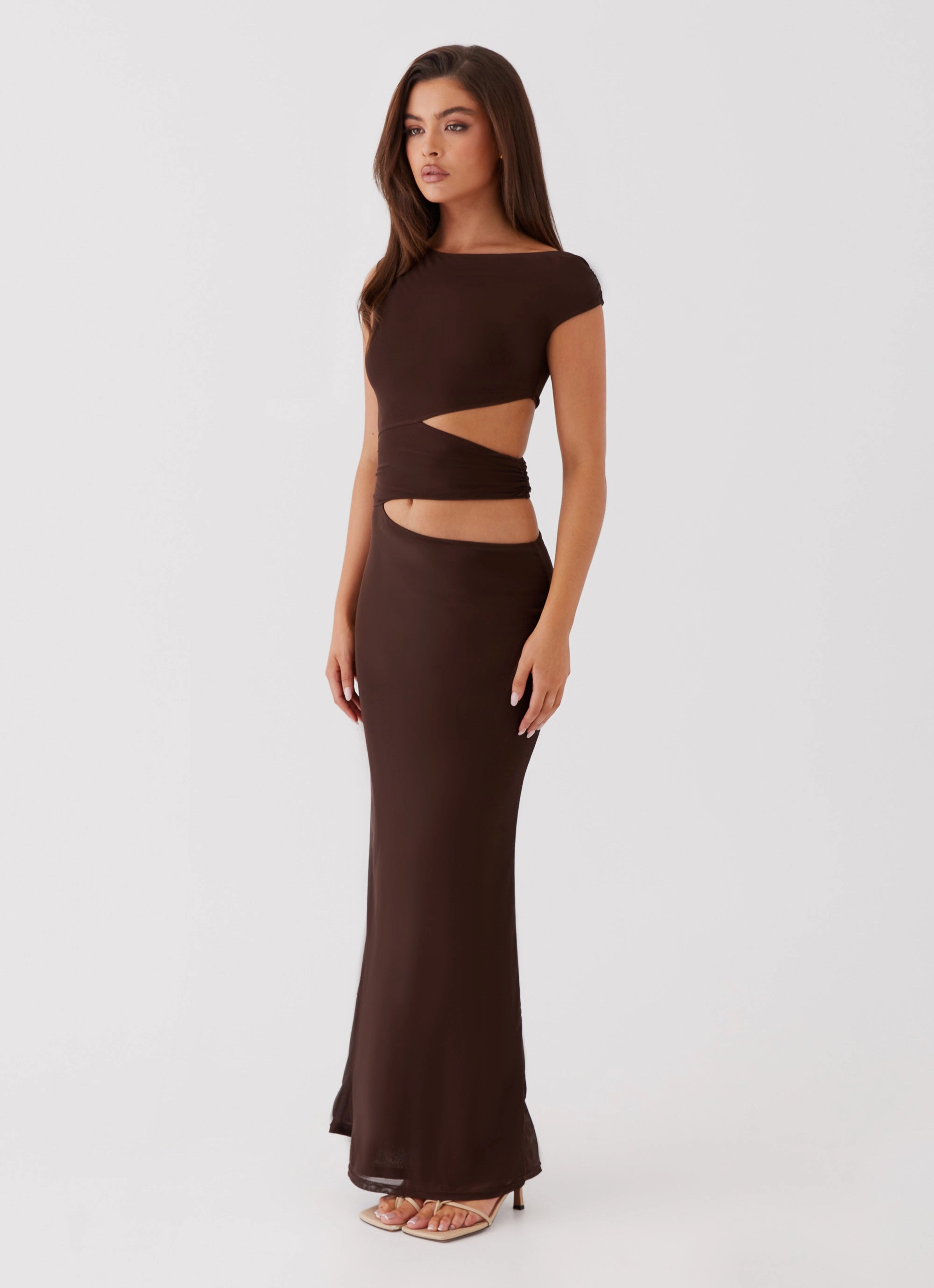 Margot One Shoulder Maxi Dress - Chocolate Minimal Detail