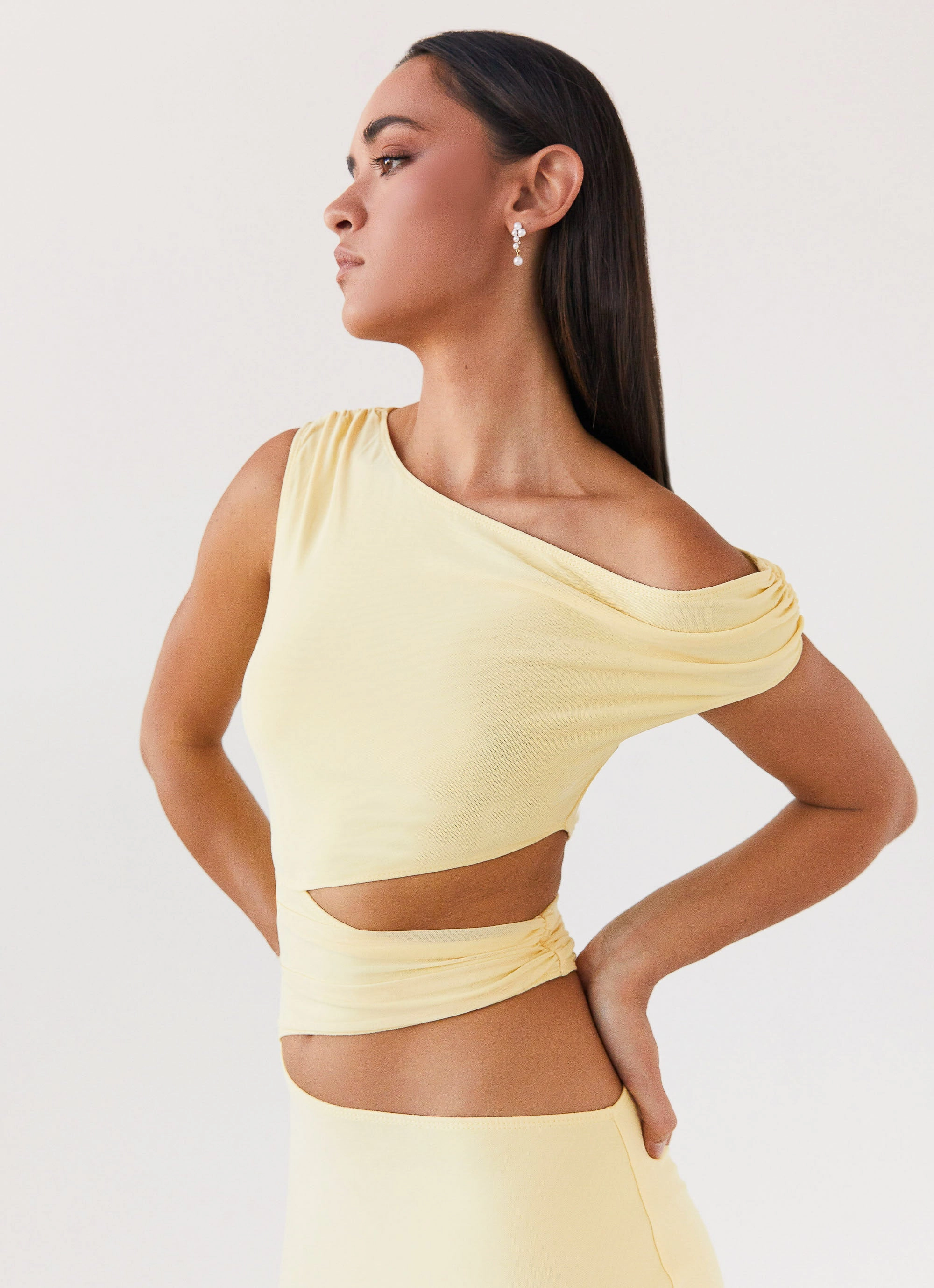 Margot One Shoulder Maxi Dress - Yellow FlatlockSeam Pleated-Skirt