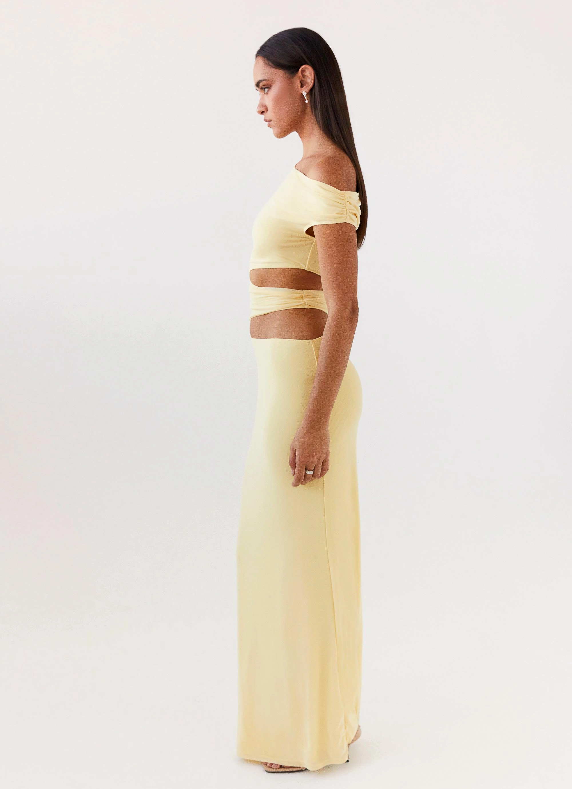 Margot One Shoulder Maxi Dress - Yellow Ribbed-Texture Perfectly Tailored