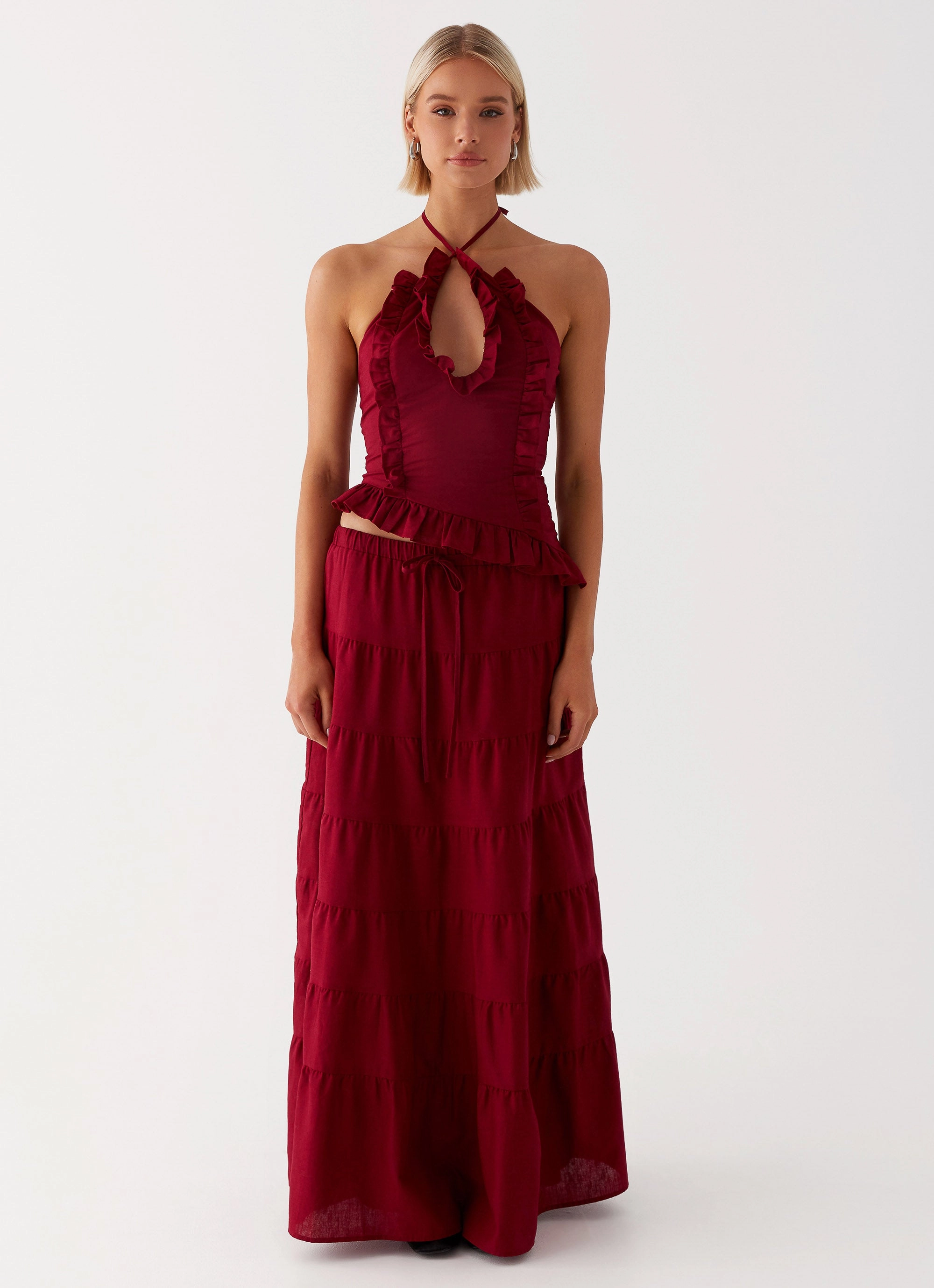 Collared Mariella Linen Maxi Skirt - Maroon