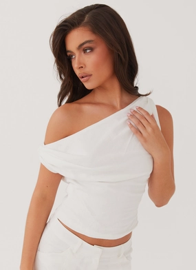 Marissa Linen One Shoulder Top - White foldable packable