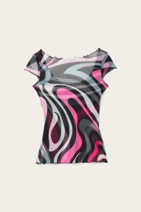 Anti Pill Technology Marmo Print Tulle Top