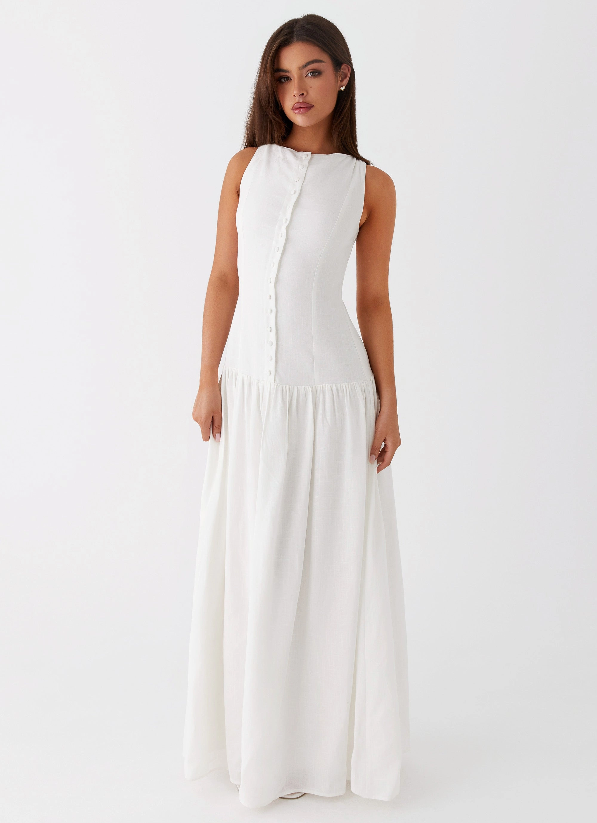 Meggie Linen Maxi Dress - White Contemporary Wear Flowing Texture