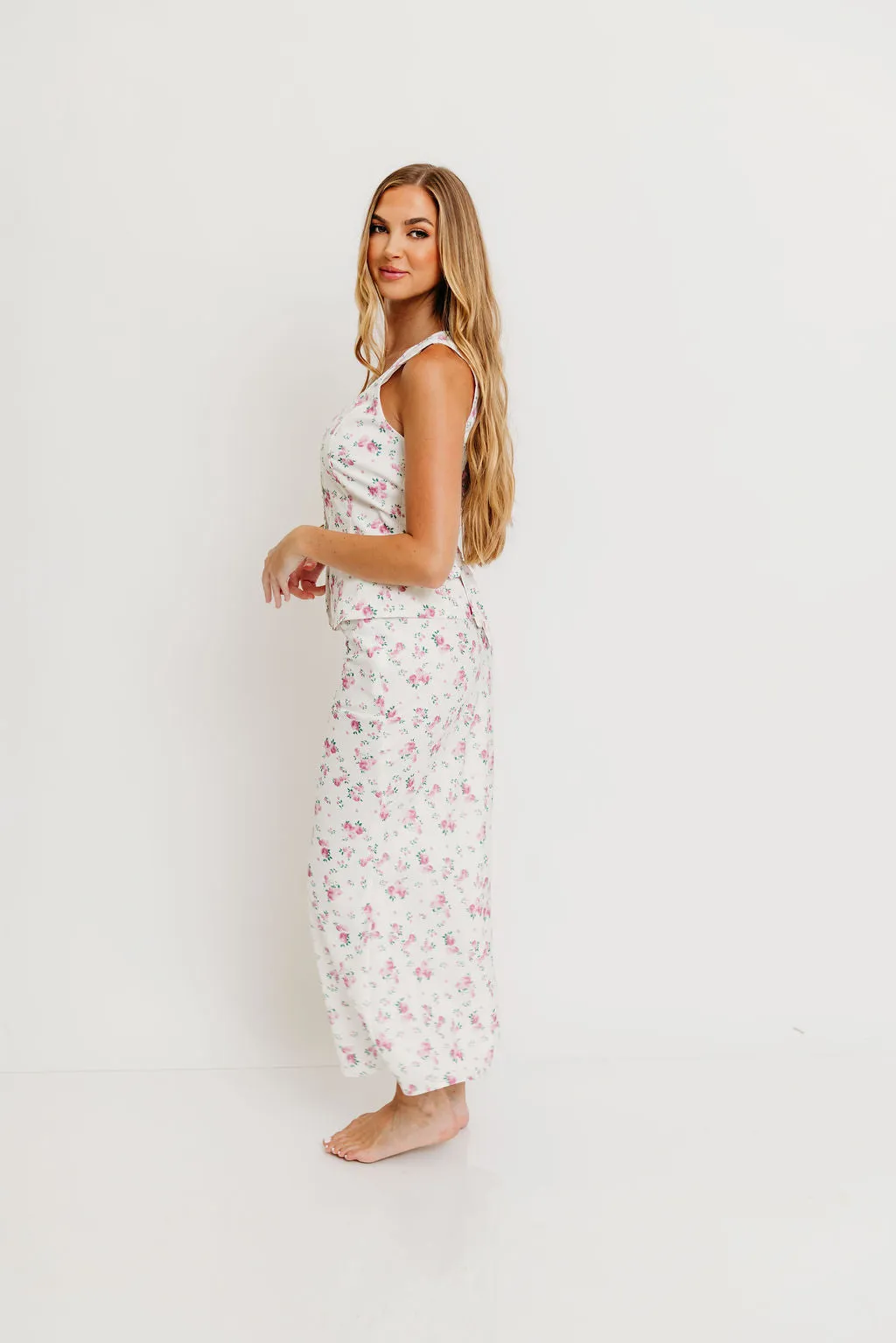 Melrose Floral Button-Up Top and Maxi Skirt Set in Off White *Final-Sale* Textured Slub Yarn FadeResistant Treatment