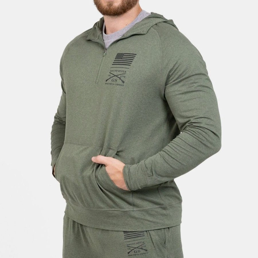 Men's All-Day 1/4 Zip Hoodie - Heather Military Green Soft Fabric