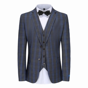Men's Slim-Fit 3PC Blue Contrast Check Plaid Suit Refined Look Fit Dapper Fit