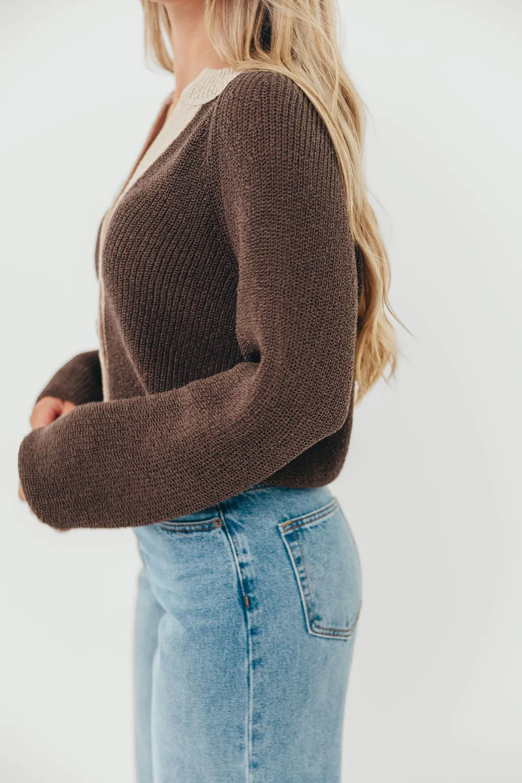 Holland Cardigan Top in Warm Charcoal Bonded Seam Reinforcement Understated Charm