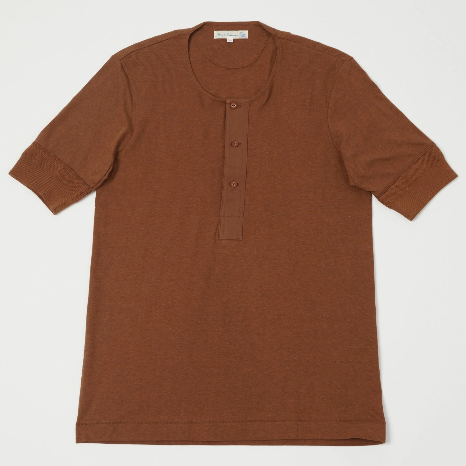 Merz b. Schwanen 103 Short Sleeve Henley - Tan Temperature Regulating Fabric Award-winning
