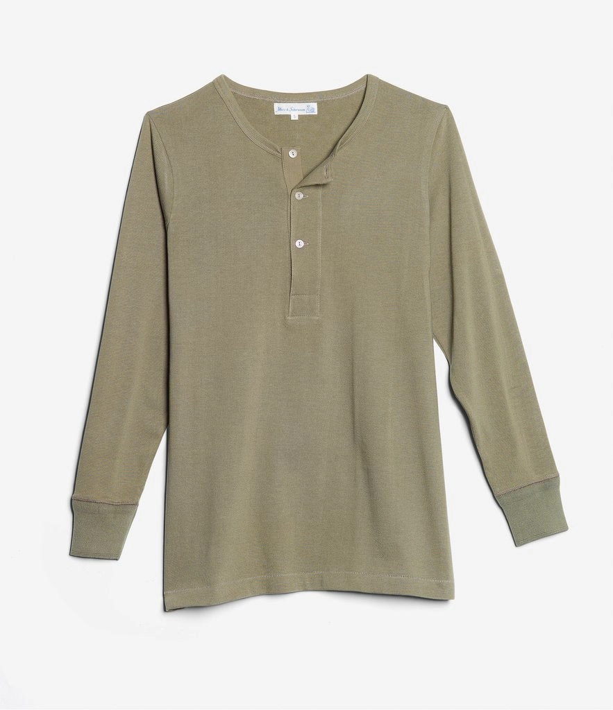 Merz b. Schwanen 206 Long Sleeve Henley - Army Green Breathable Layer tall size