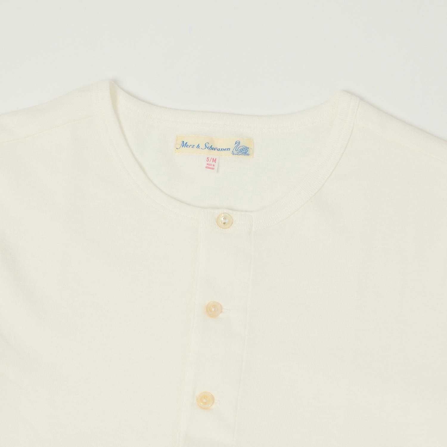 Merz b. Schwanen 206 Long Sleeve Henley - White Distressed Hem Finish