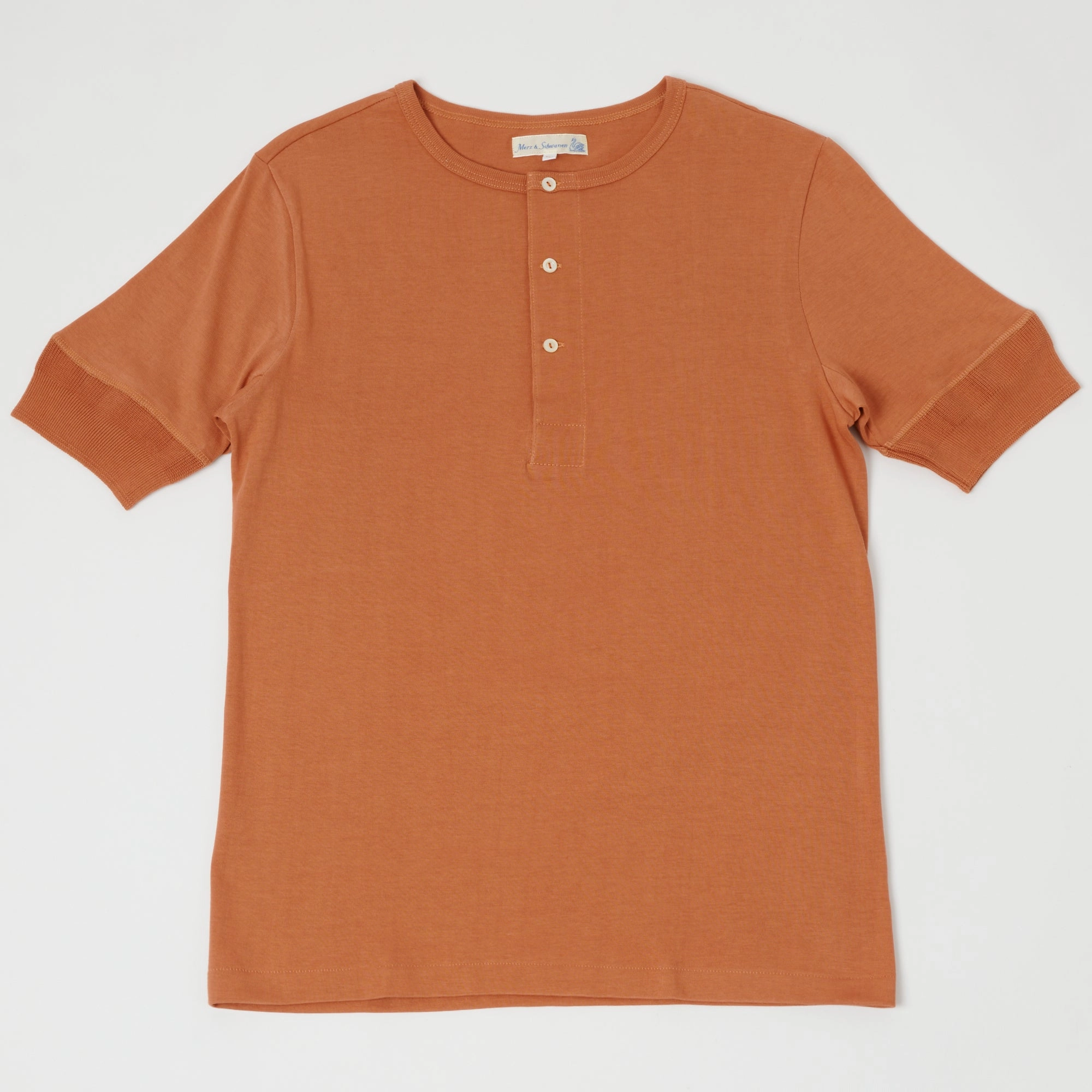 Chilly Comfort Wear Micro Perforation Merz b. Schwanen 207 Short Sleeve Henley - Sunset