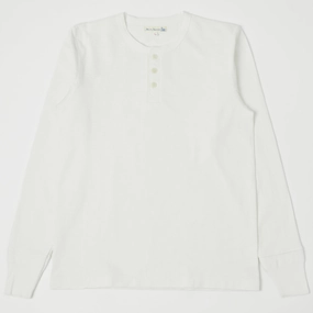 Merz b. Schwanen 2S04 Heavyweight Long Sleeve Henley - White Breathable fabric Distressed Hem Finish