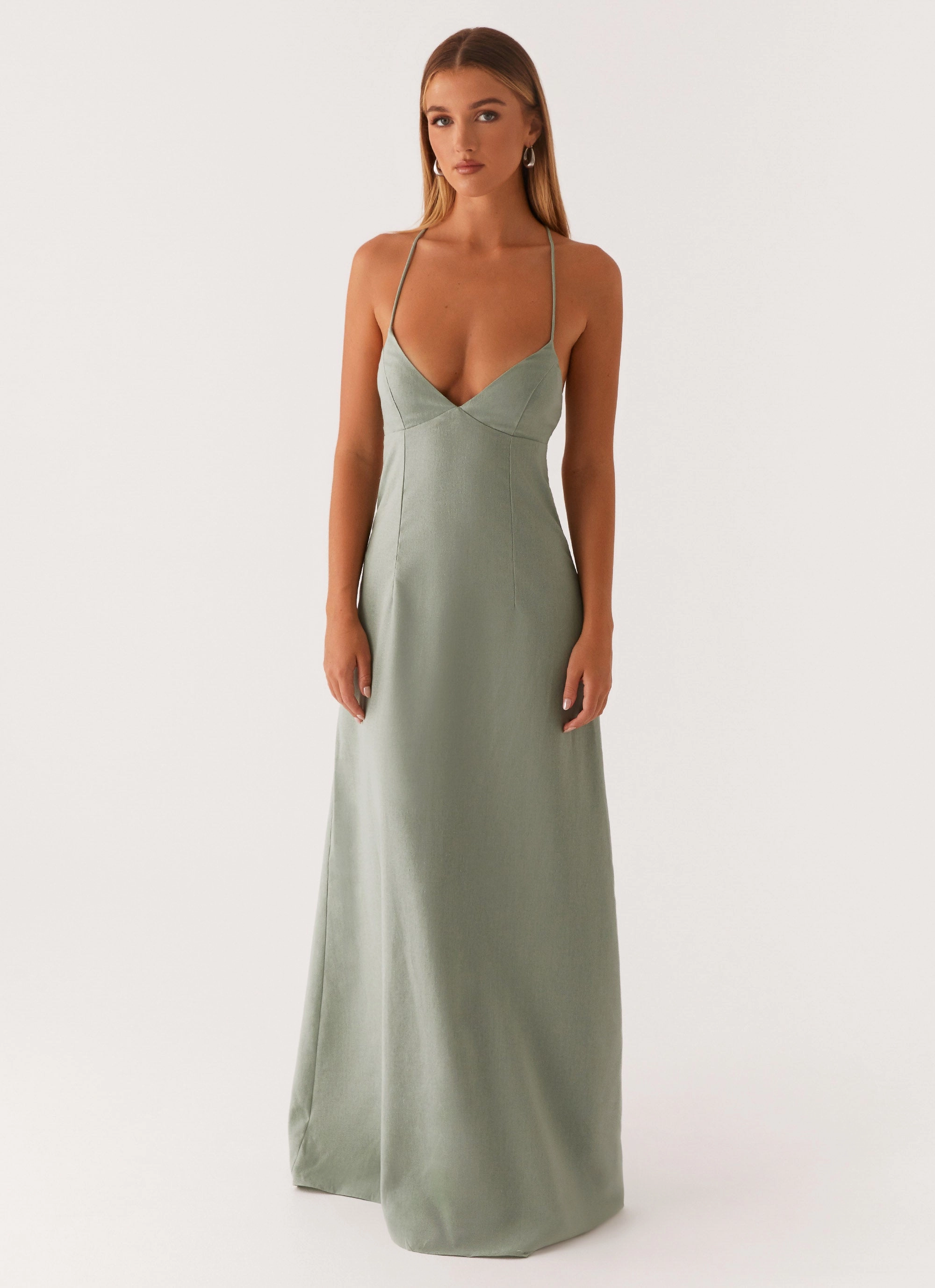 Pink Glow Middle Ground Linen Maxi Dress - Sage