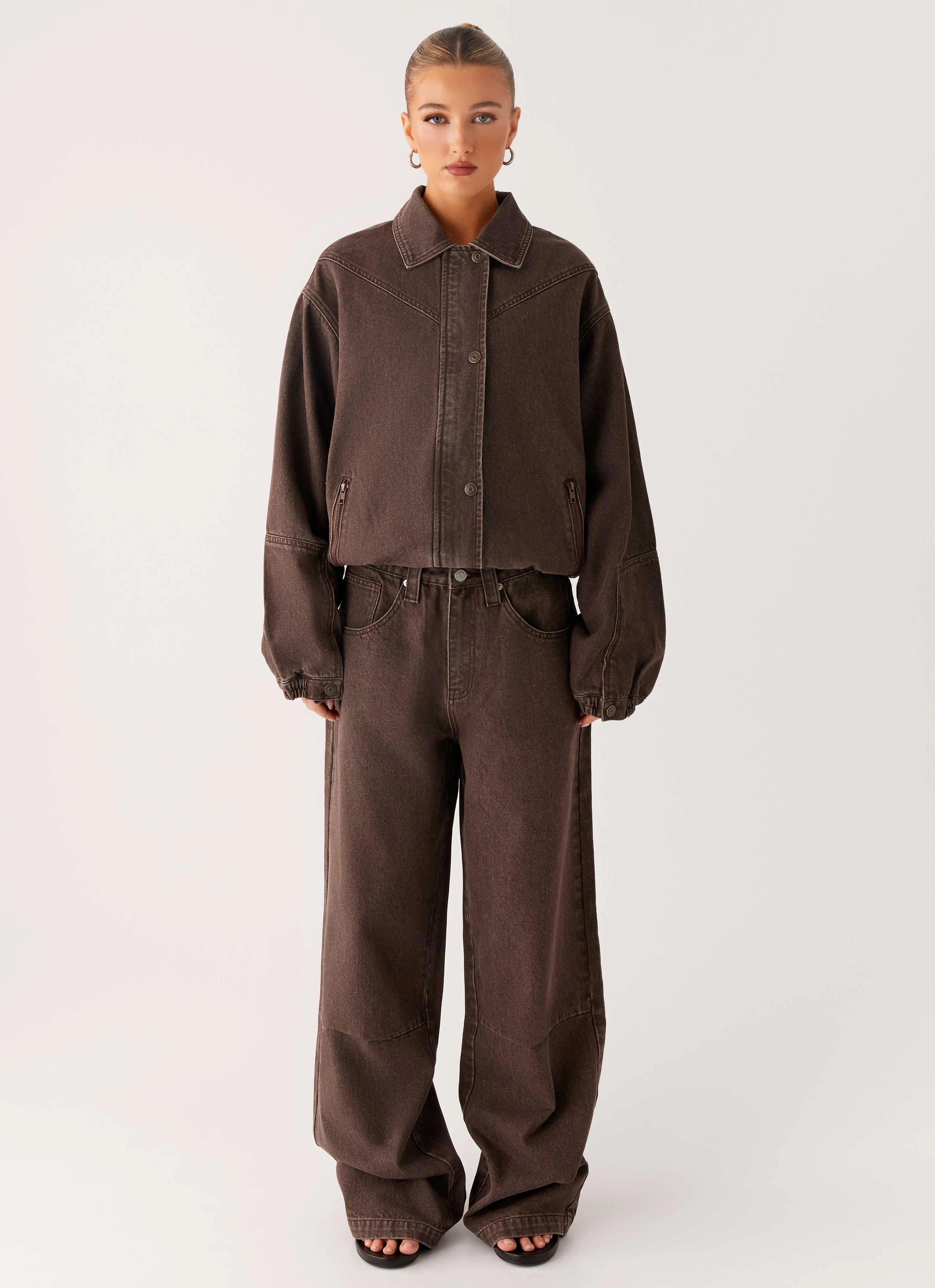 Midwest Washed Denim Bomber Jacket - Light Wash Chocolate Match Quick Modern Movement